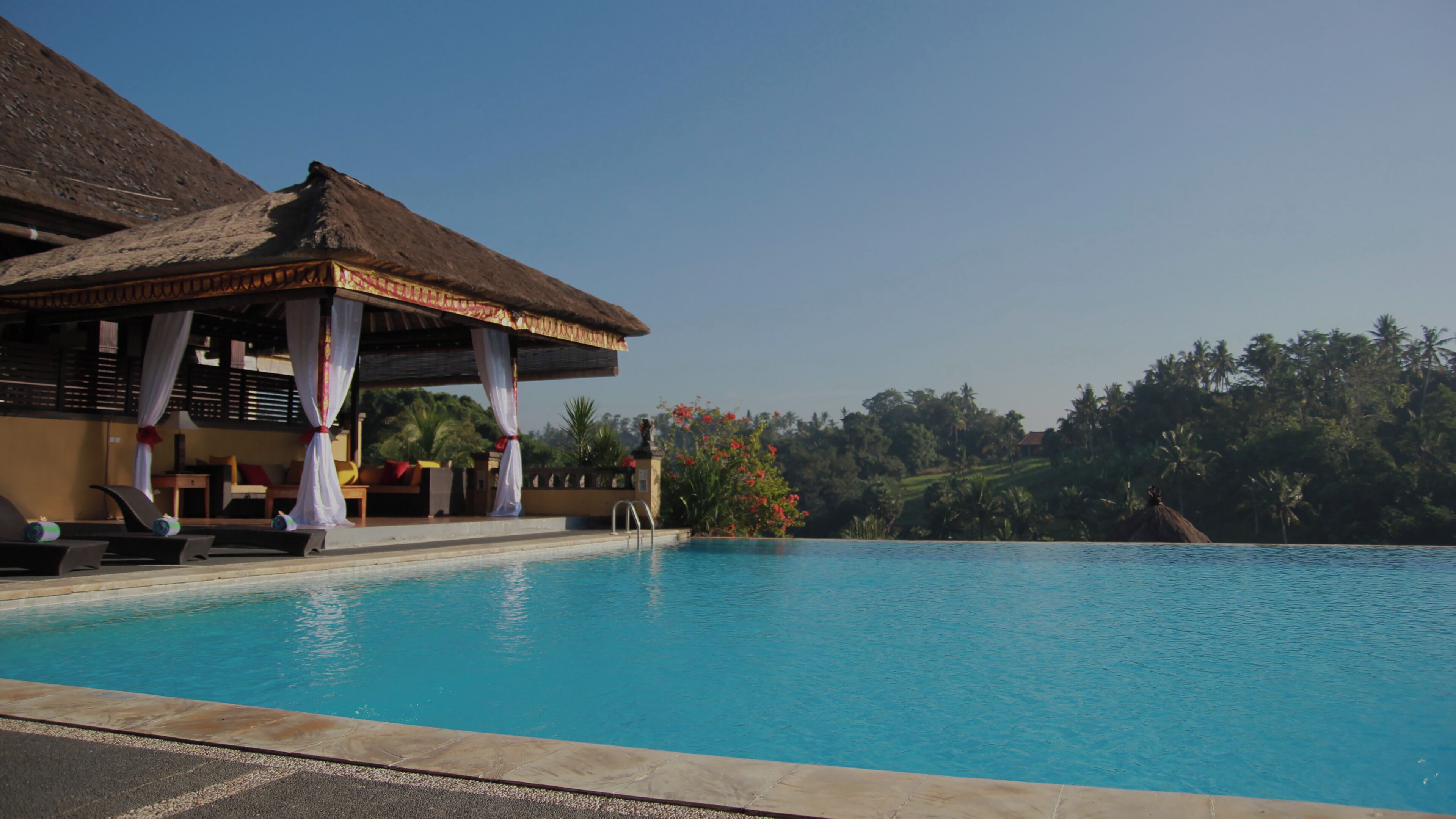 A swimming pool with a covered seating area, lounge chairs, and a view of a tropical landscape.