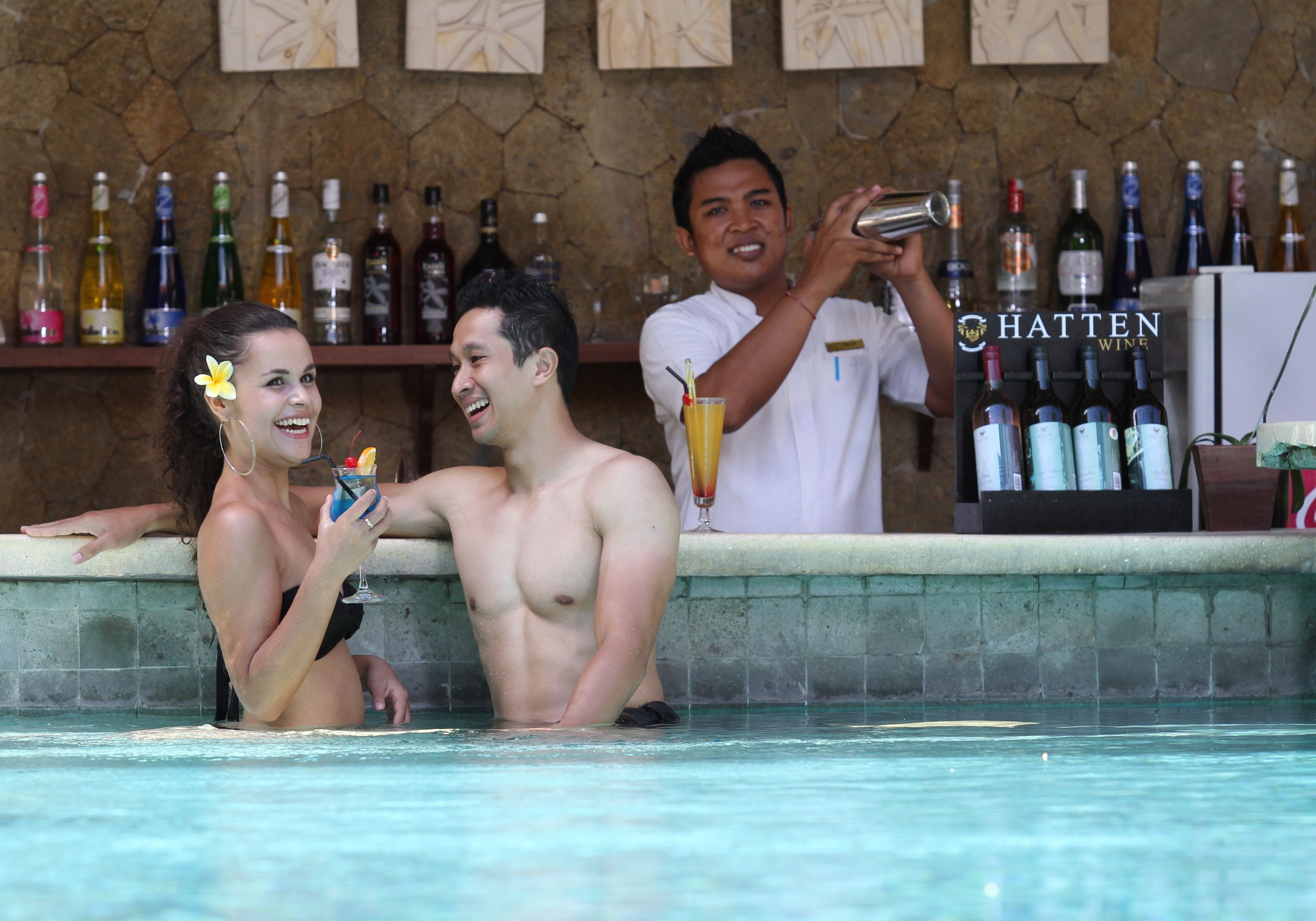 outdoor pool, pool umbrellas, pool loungers