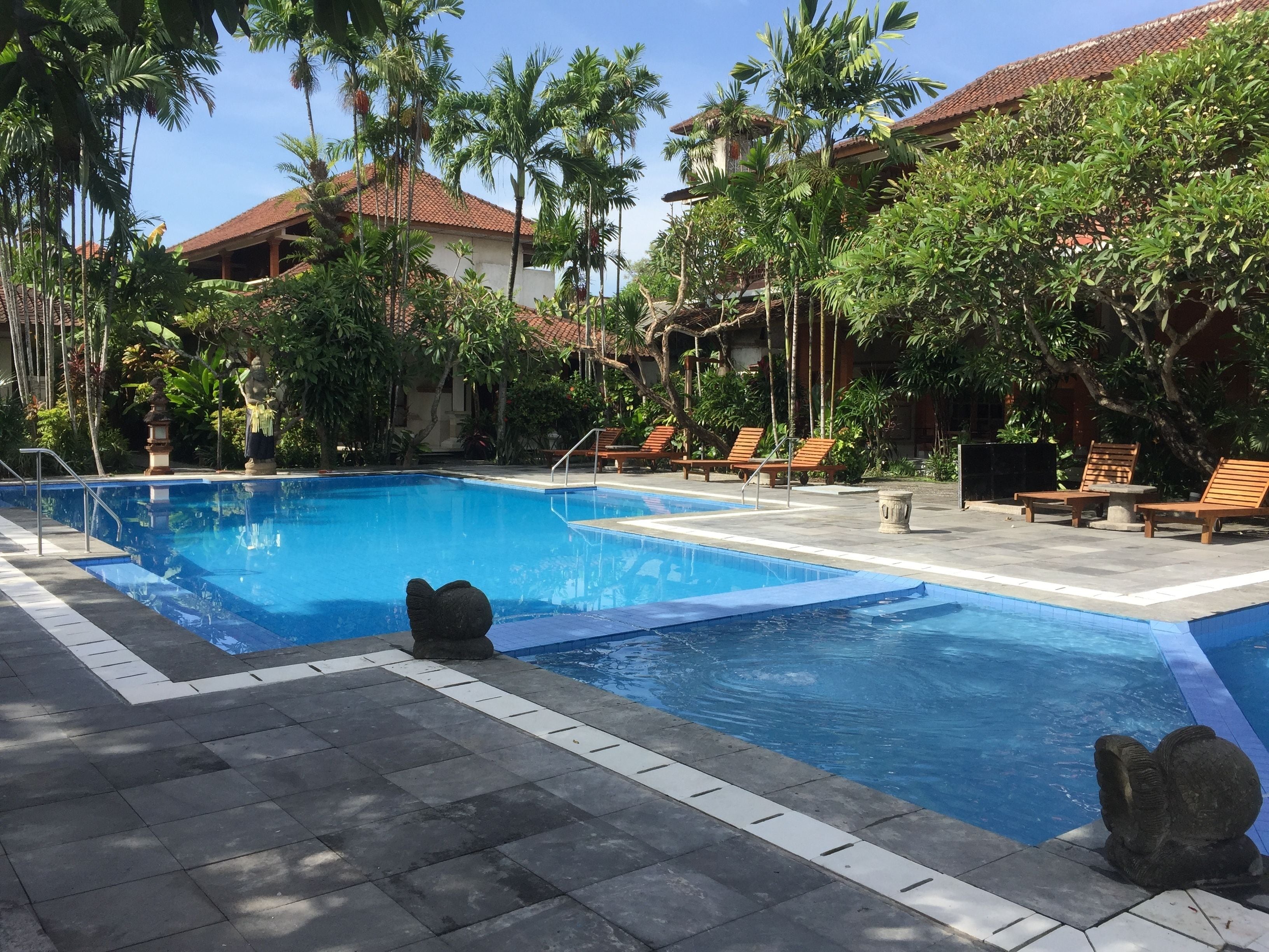 Une piscine avec des chaises longues et des palmiers.