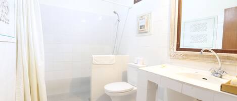 Un baño con inodoro, ducha y lavamanos.