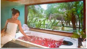 Un cuarto de spa con un ventanal grande que da a un paisaje natural.