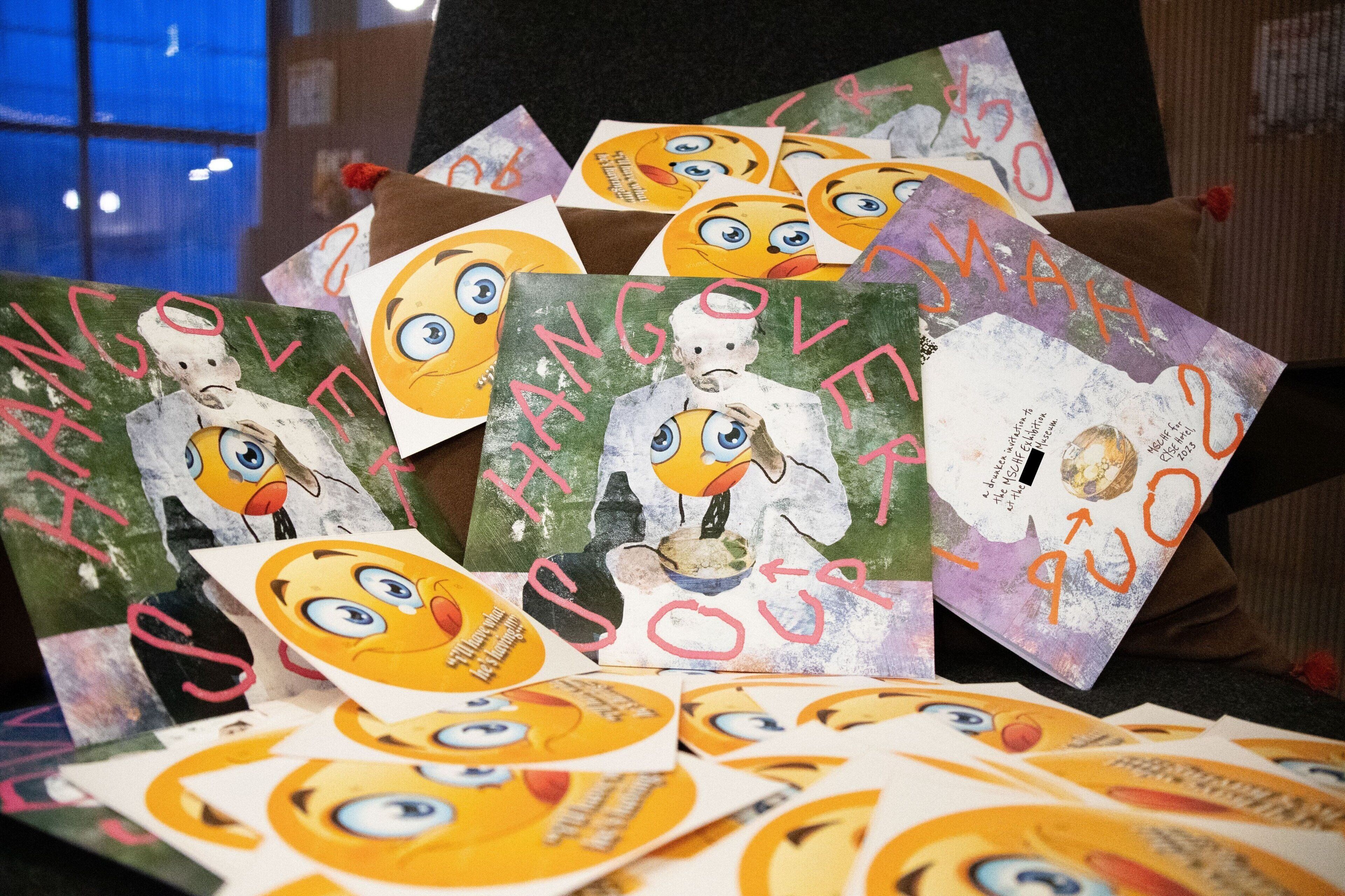 A collection of greeting cards with cartoon characters and handwritten text.