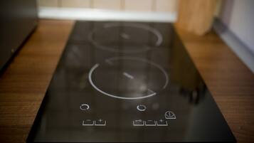 Une cuisine dotée d’une plaque de cuisson à induction noire et d’un plan de travail en bois.