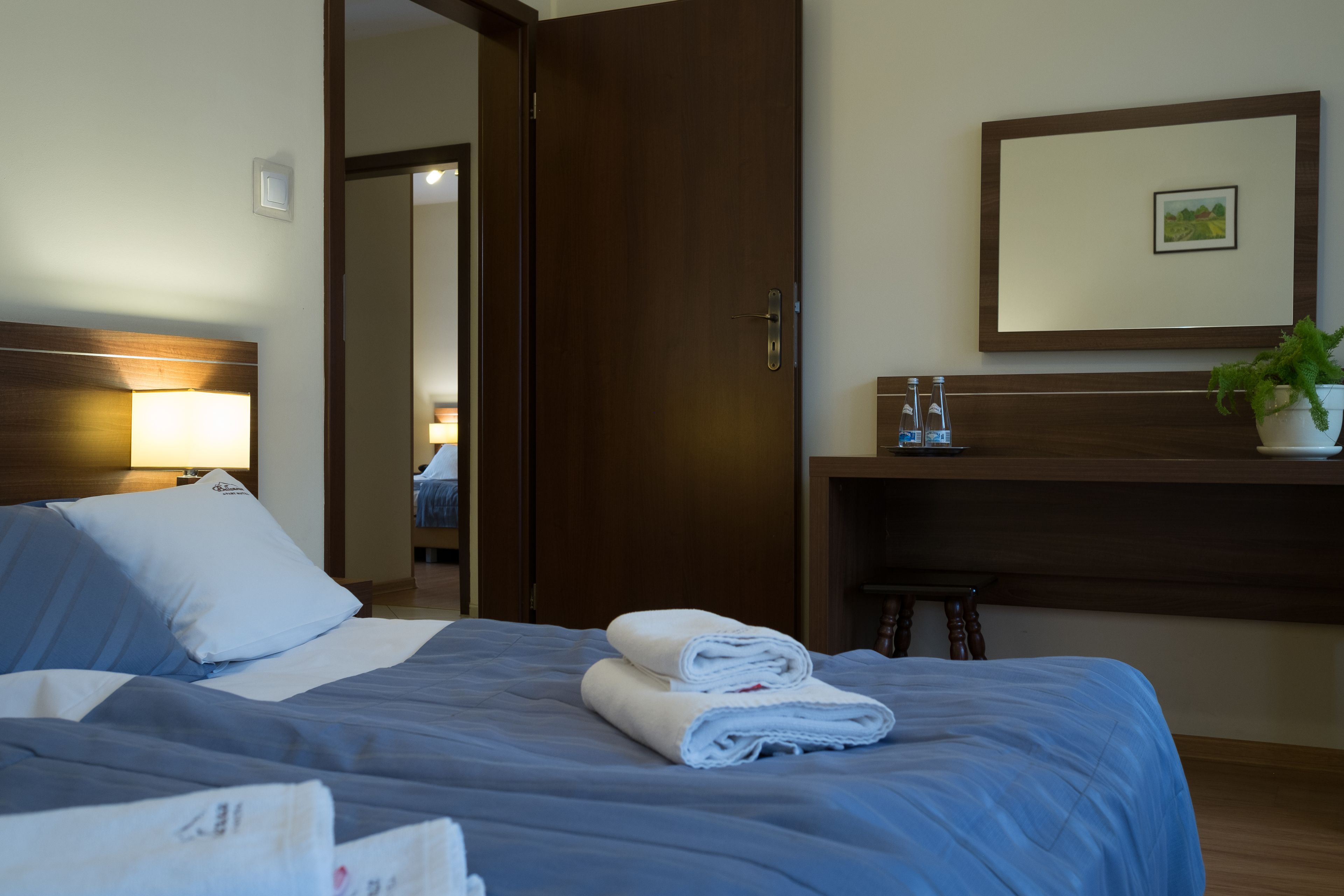 Une chambre d’hôtel avec un lit, une table de chevet avec une lampe, un miroir et un tableau accroché au mur.