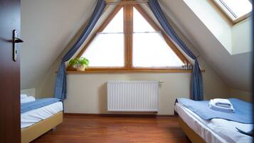 A bedroom with two beds, a skylight, a radiator, and a window with curtains.