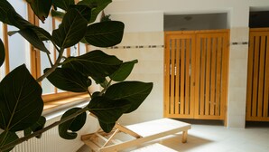 Una habitación con un banco de madera, una planta en maceta y una puerta de madera.