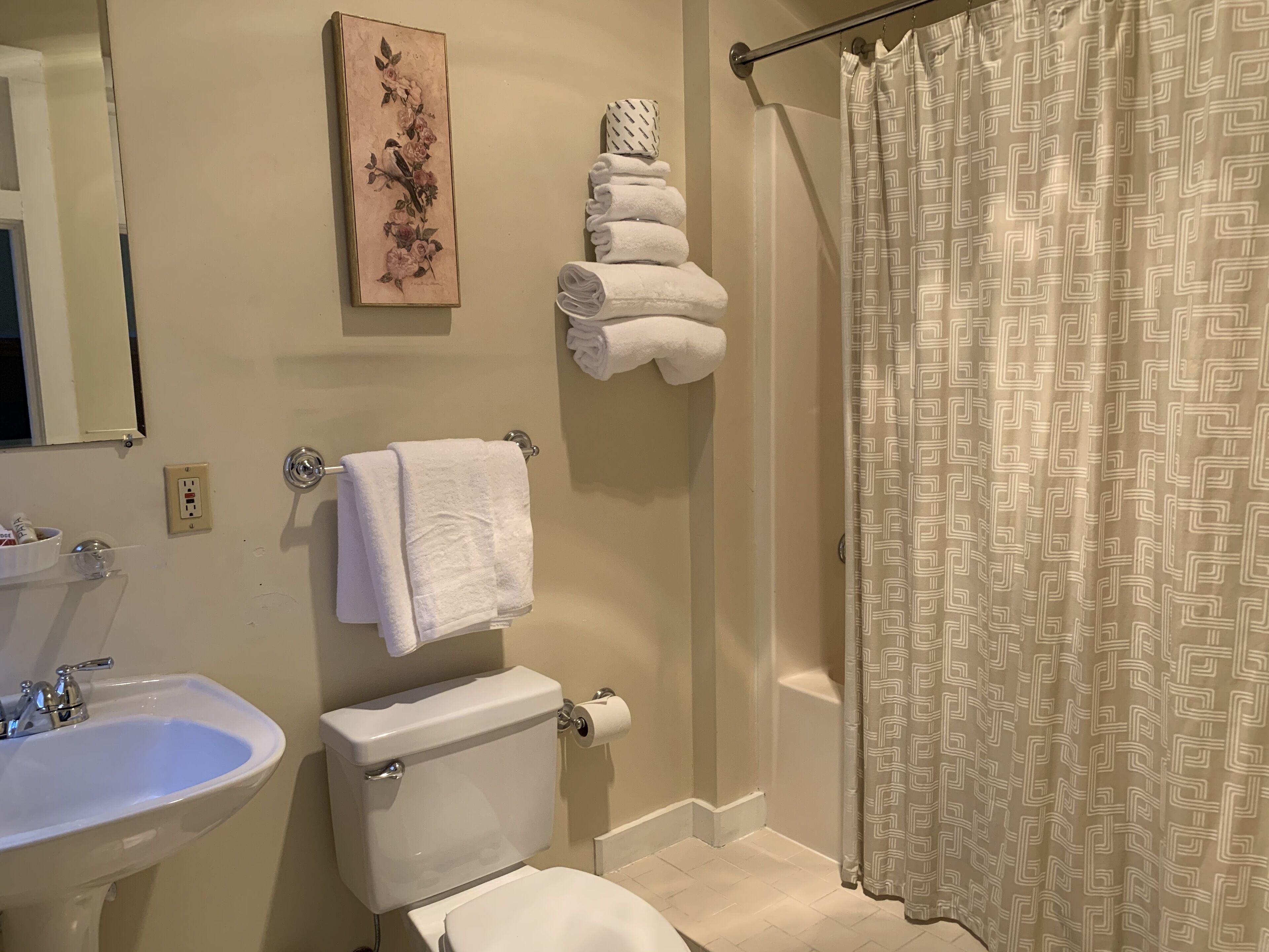 A bathroom with a sink, toilet, and shower curtain.