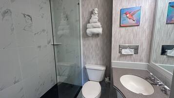 A modern bathroom with a glass shower enclosure, a toilet, and a sink with a mirror.