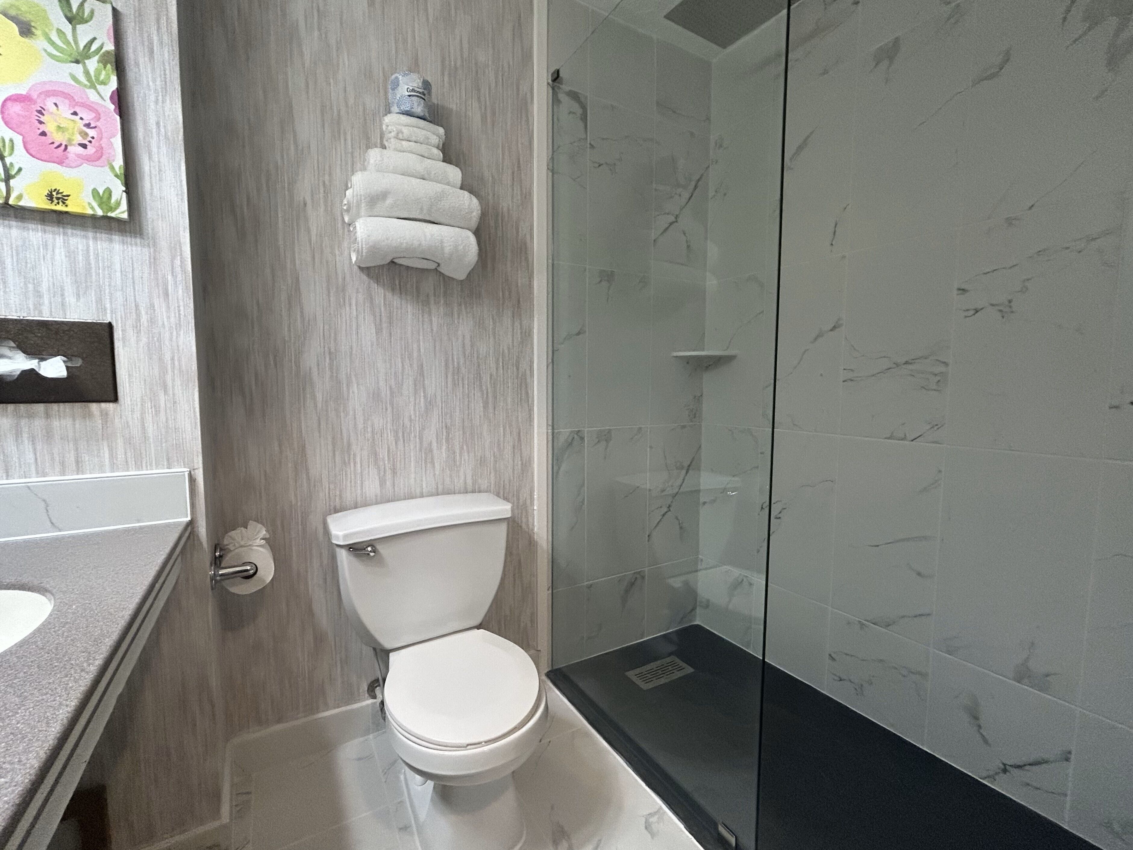 A modern bathroom with a toilet, a glass shower enclosure, and a marble-tiled wall.