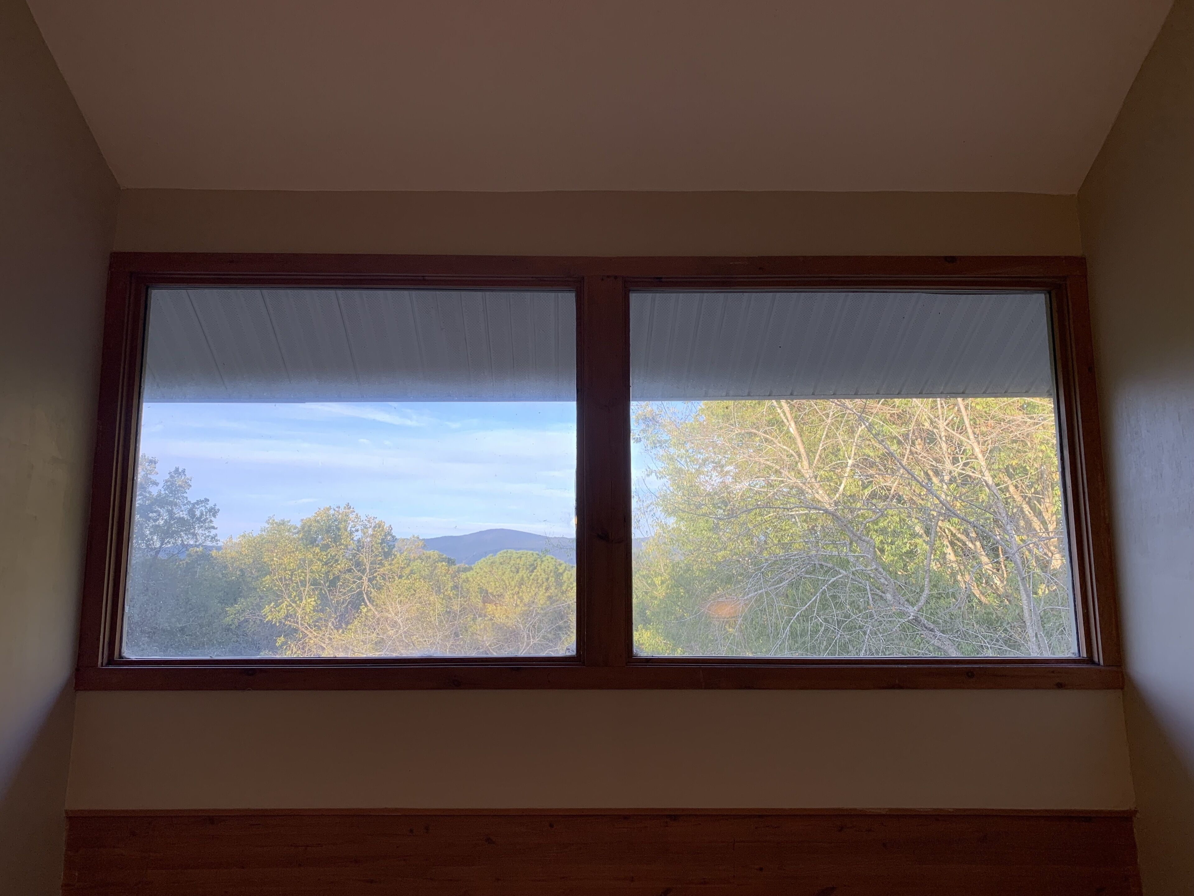 A room with two windows, each with a wooden frame and white blinds, overlooking a forested area with trees and a mountain in the distance.