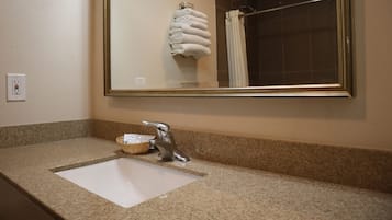 Standard Room, 2 Queen Beds | Bathroom | Hair dryer, towels