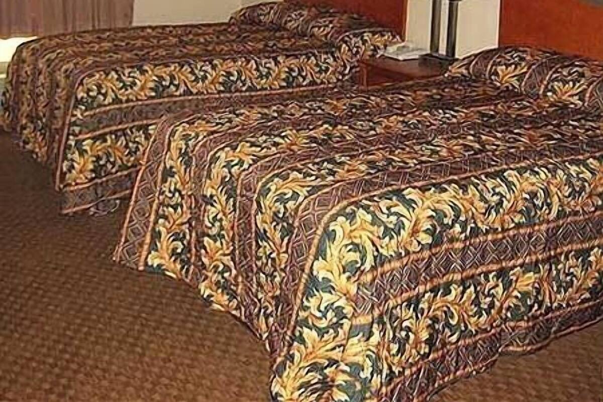 Quarto de hotel com duas camas de solteiro, uma mesa de cabeceira com abajur e uma janela com cortinas.