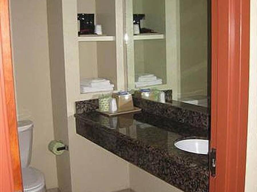 A bathroom with a toilet, a sink, a mirror, and shelves with toiletries.