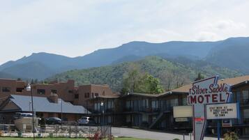 A motel named Silver Saddle with a sign indicating a heated pool and a vacancy.
