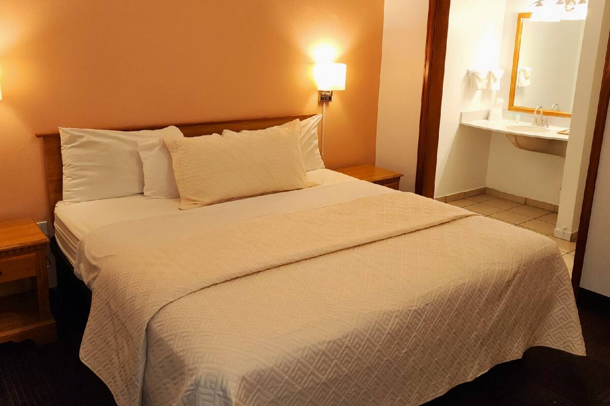 Une chambre d’hôtel avec un grand lit, une table de chevet, une lampe de chevet et une salle de bain équipée d’un lavabo et d’un miroir.