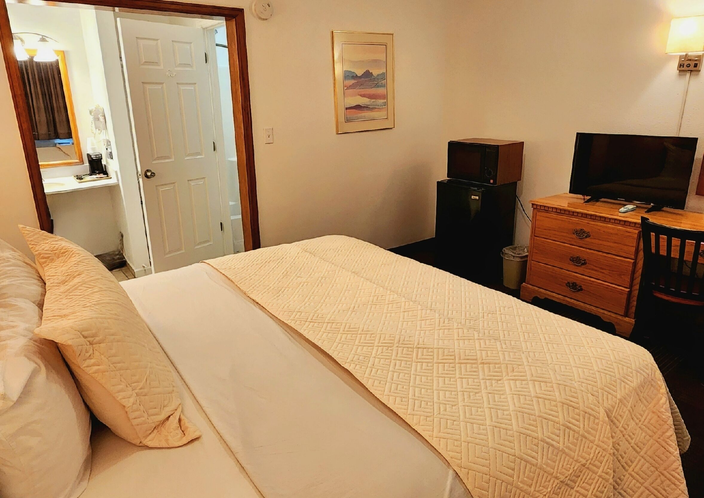 Une chambre d’hôtel équipée d’un lit, d’une commode, d’une télévision et d’un réfrigérateur.