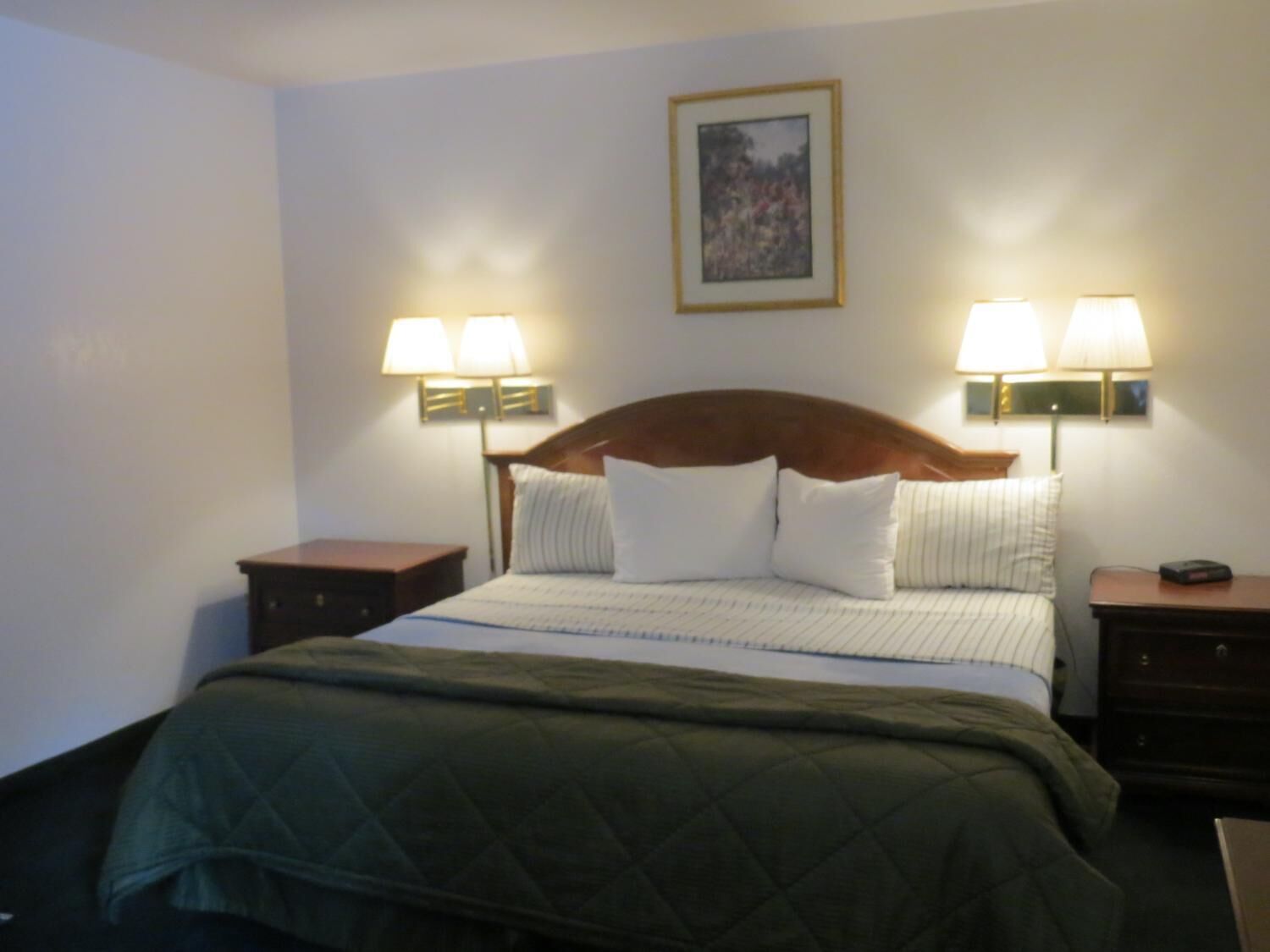 Une chambre d’hôtel avec un lit, deux tables de chevet, deux lampes fixées au mur, un tableau encadré au-dessus du lit et une couverture verte sur le lit.