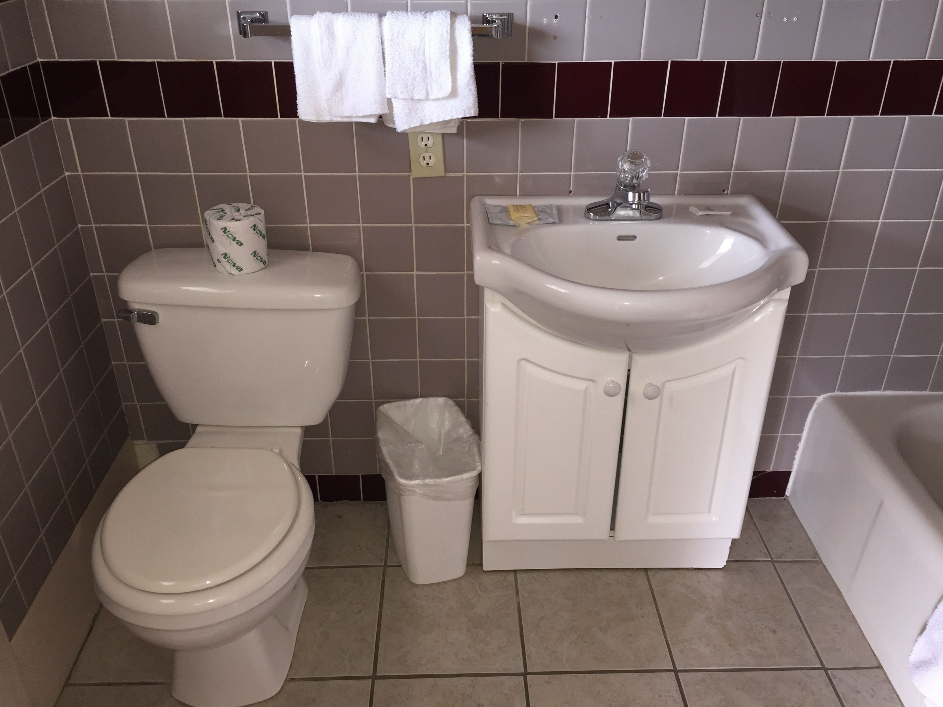 A bathroom with a toilet, sink, and trash bin.