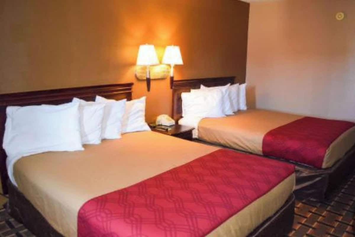Habitación de hotel con dos camas, cada una con ropa blanca y un detalle rojo. Hay dos lámparas de pared entre las camas.