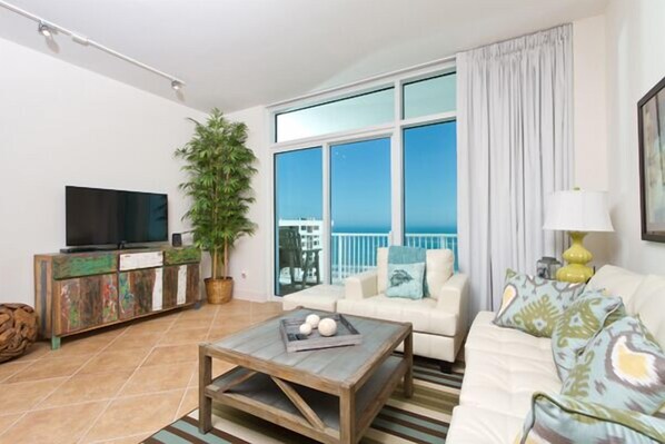 Condo, 3 Bedrooms, 2 Bathrooms, Beach View | Living room | Flat-screen TV