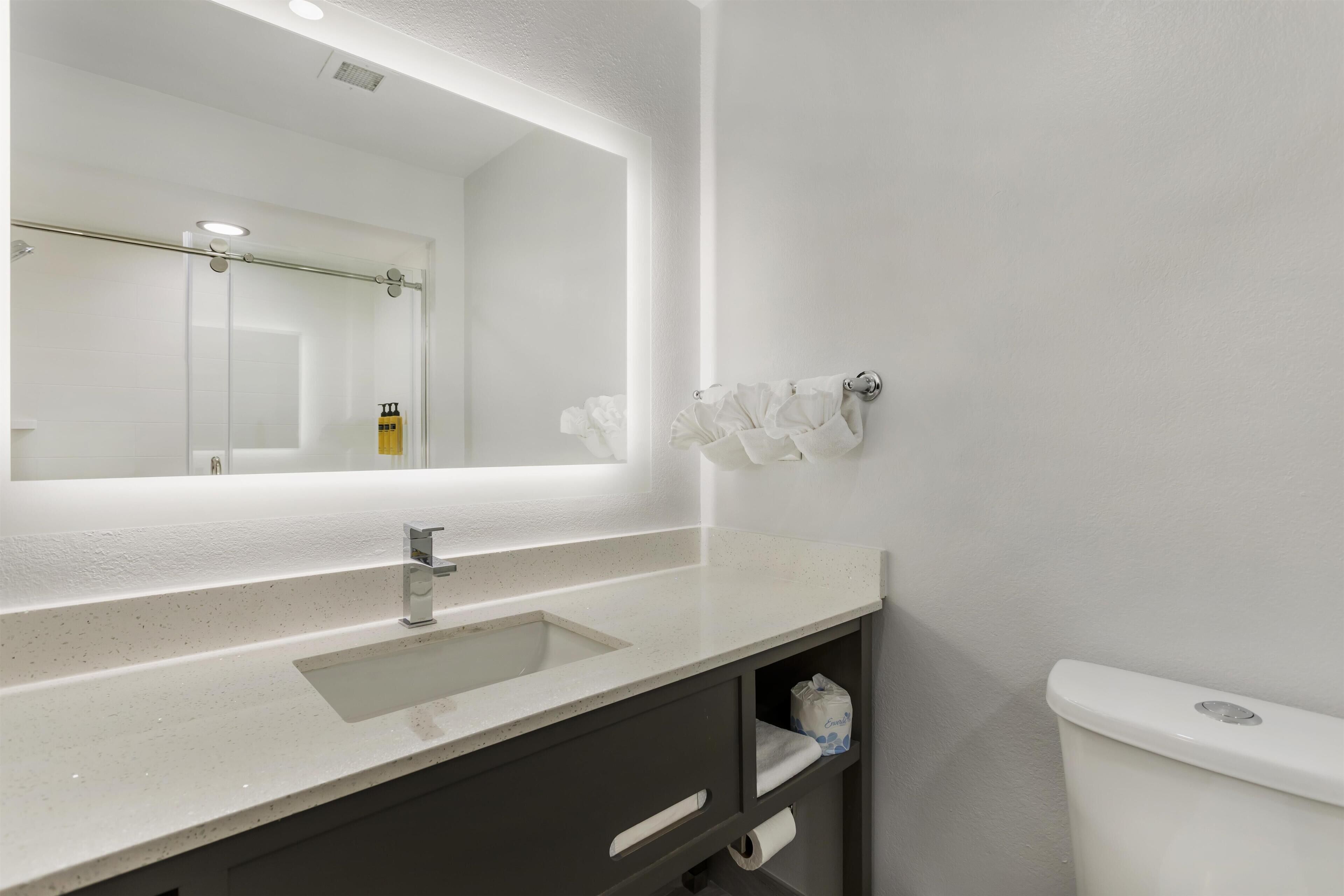 Un baño moderno con un lavamanos blanco, un espejo grande y un inodoro.