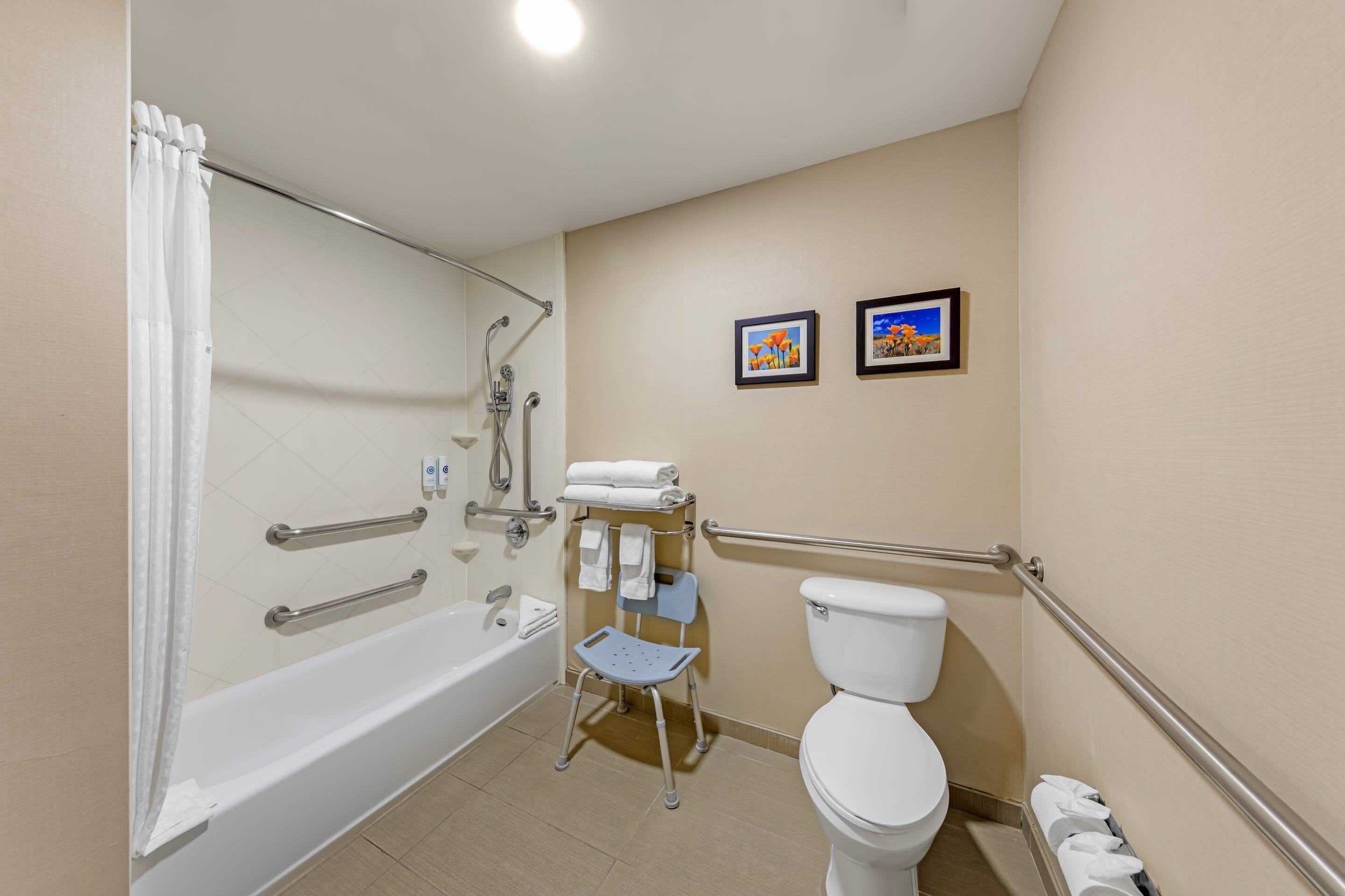 A bathroom with a bathtub, toilet, and handrails. There are two framed pictures on the wall.