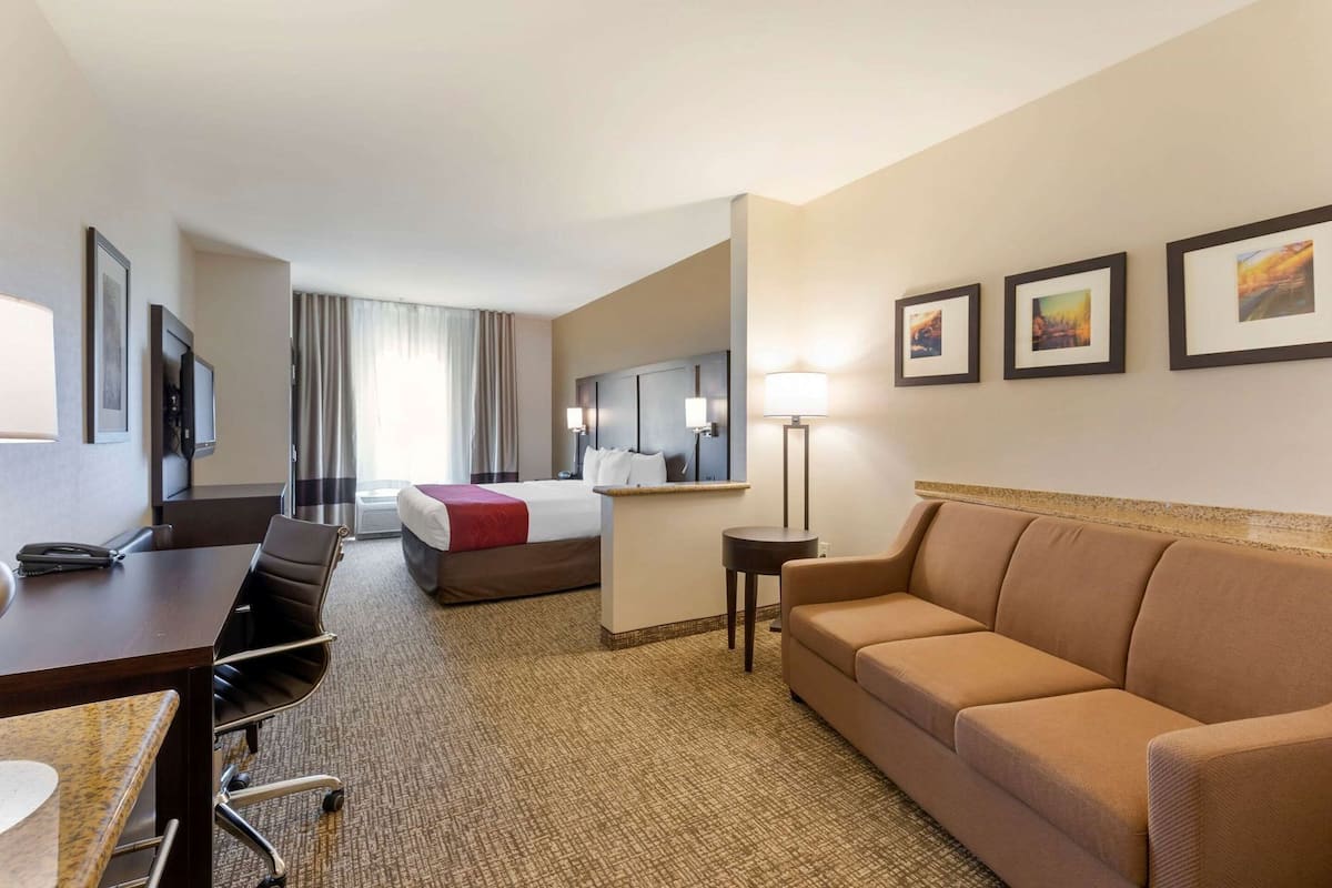 Une chambre d’hôtel avec un lit, un bureau, un canapé, une télévision, une lampe et des tableaux encadrés au mur.