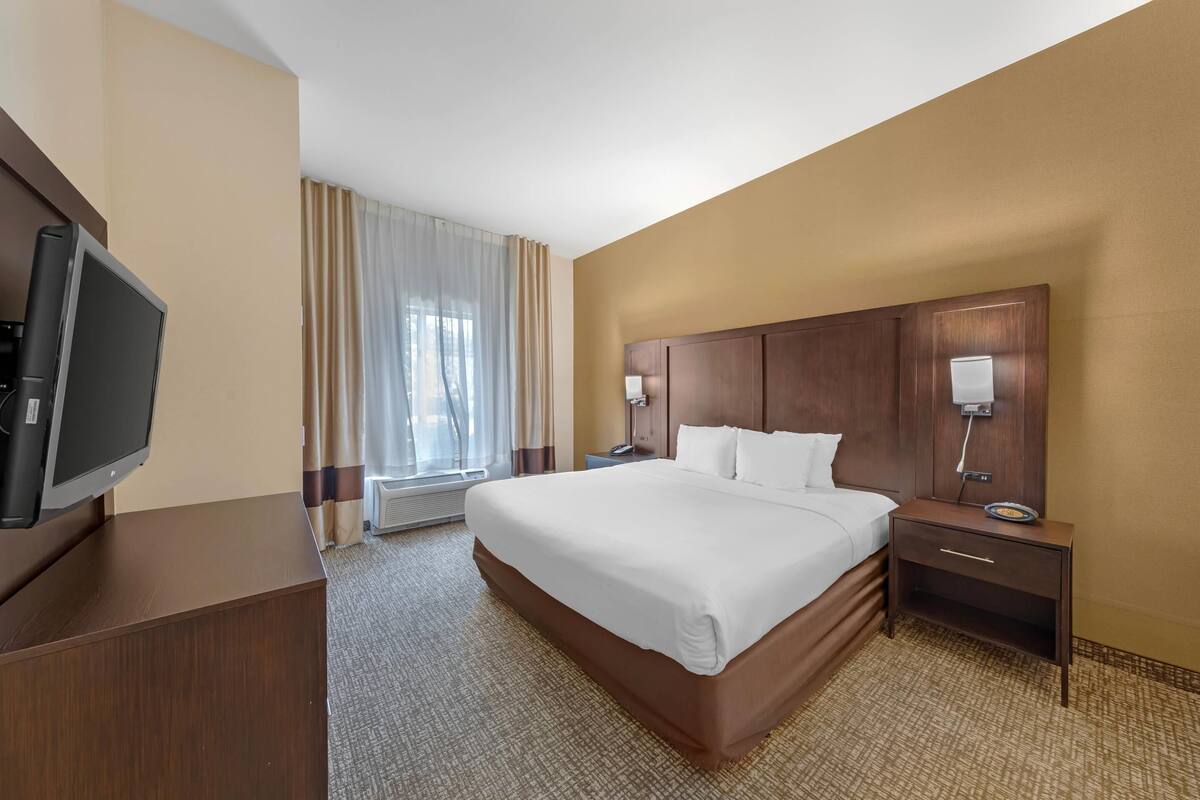 Une chambre d’hôtel avec un grand lit, une télévision, une table de chevet avec une lampe et une fenêtre avec des rideaux.