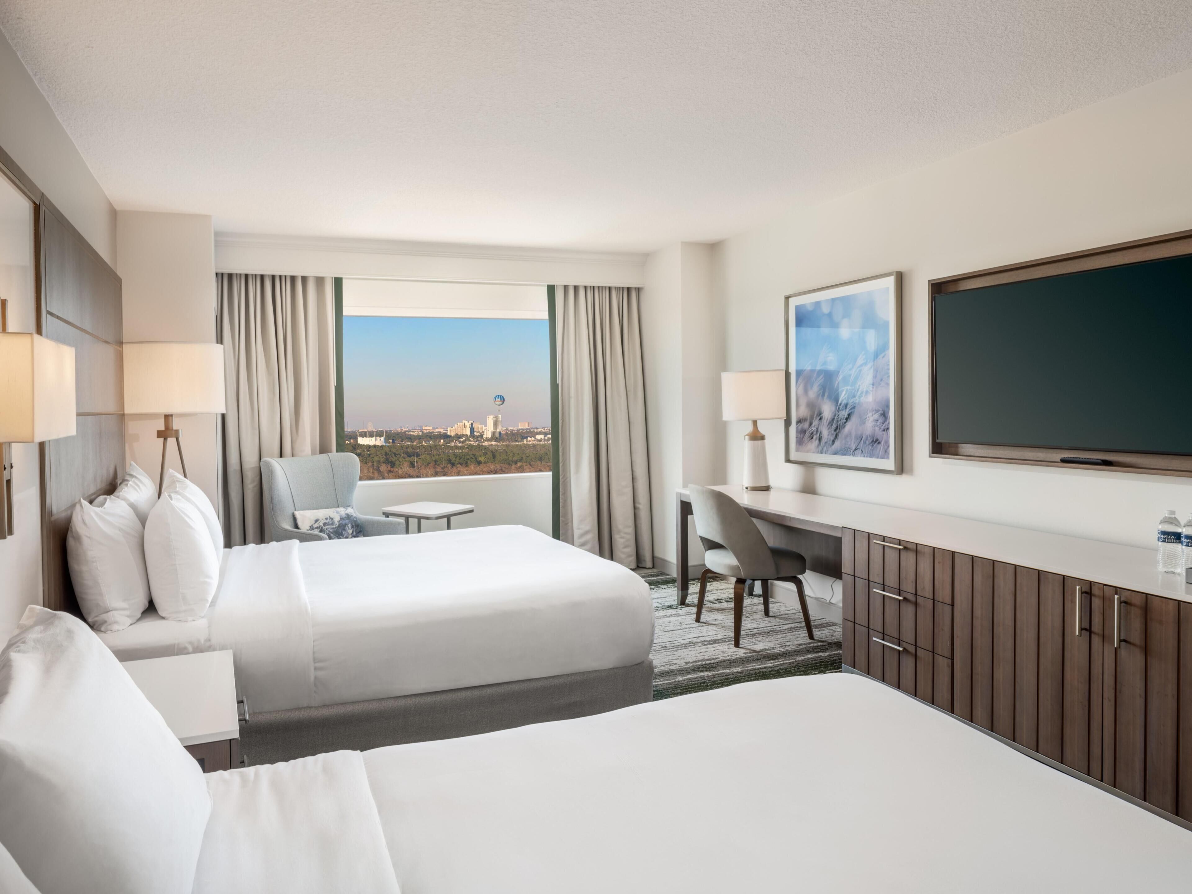 Disney Springs View 2 Queen Beds | Premium bedding, in-room safe, desk, blackout drapes