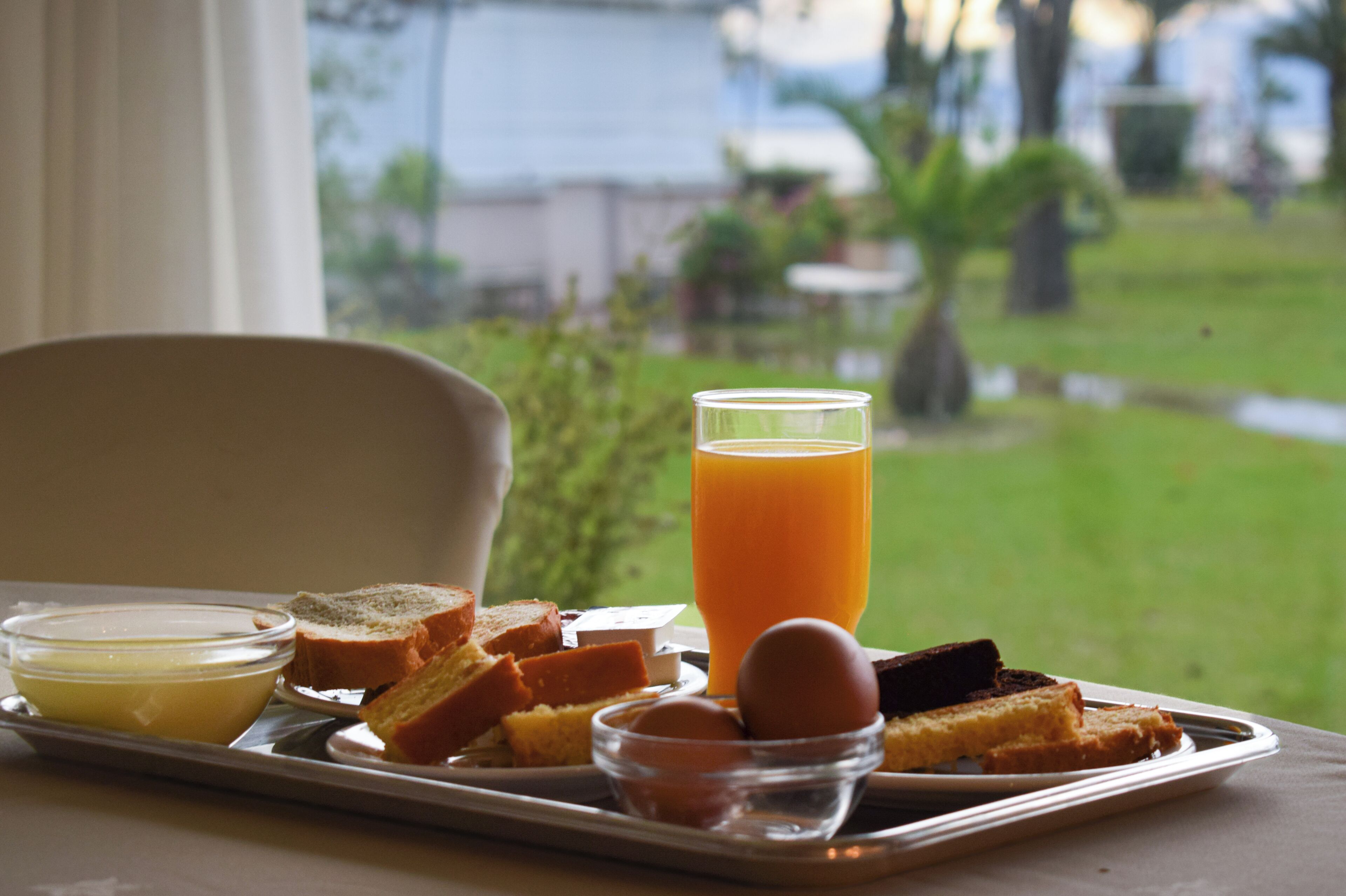 A tray with toast, eggs, and orange juice on a table with a view of a garden.