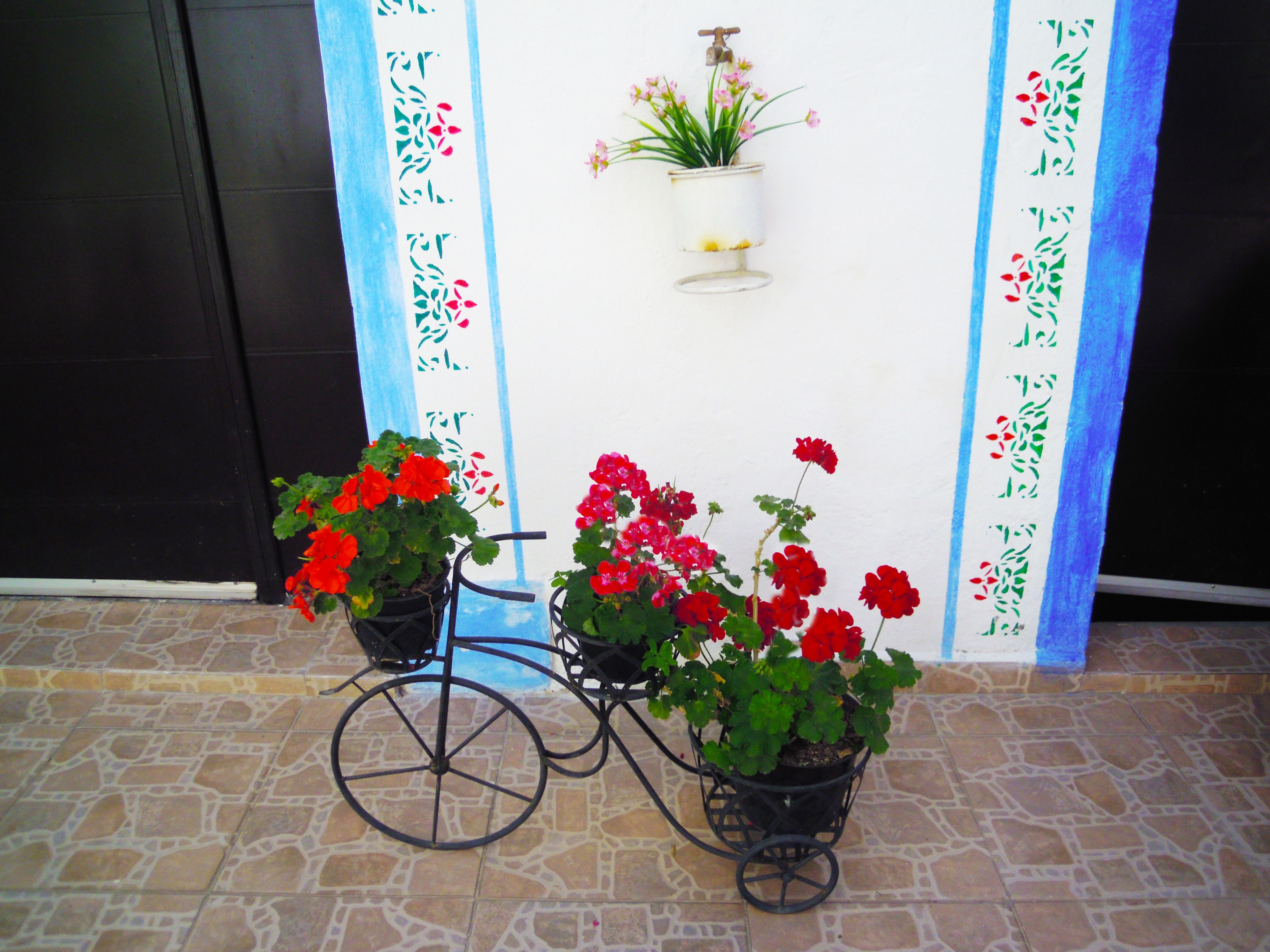 A bicycle with two potted plants, one with red flowers and another with pink flowers, against a wall with decorative blue and white patterns.