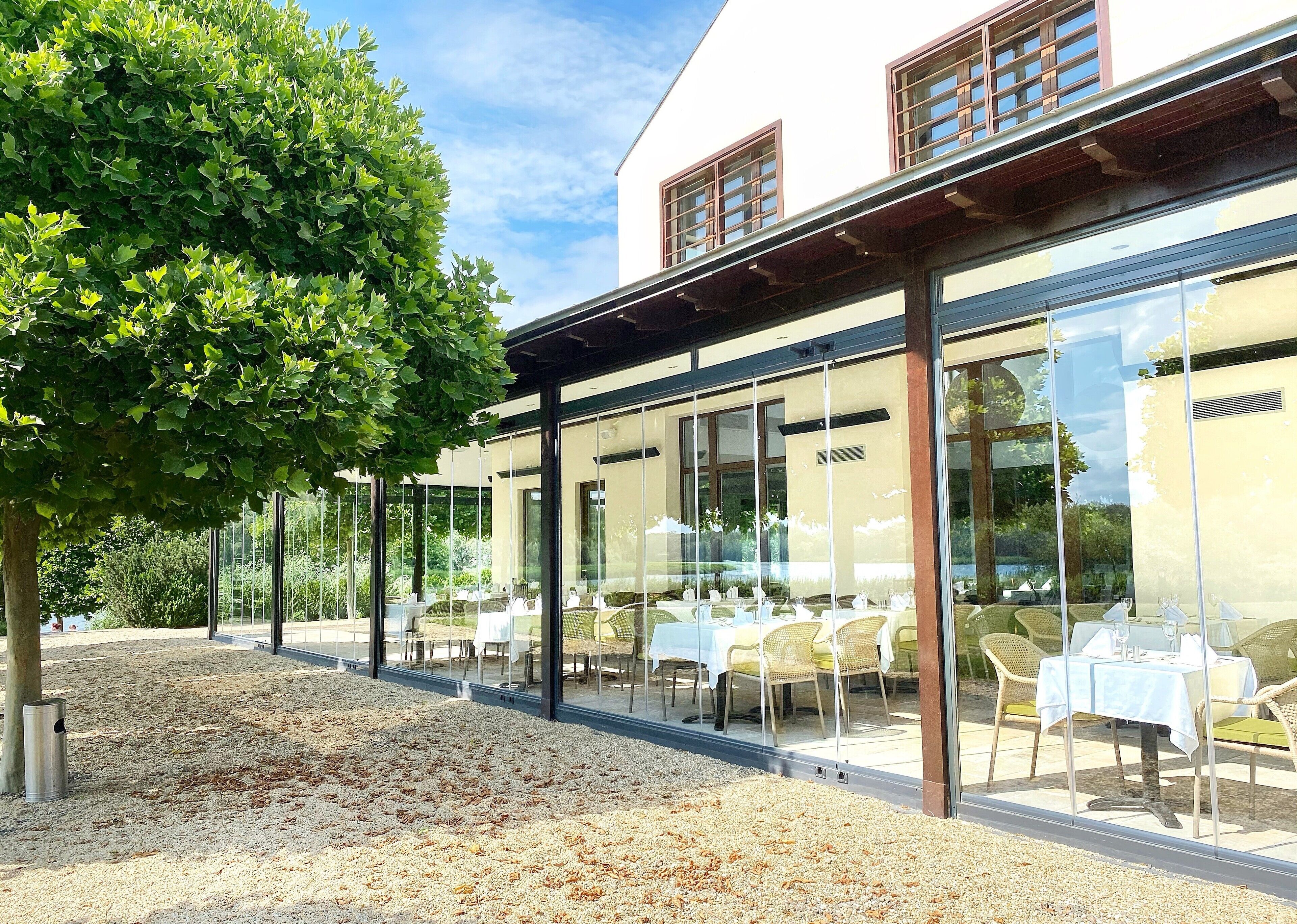 An outdoor dining area with tables and chairs, a tree, and a building with large windows.