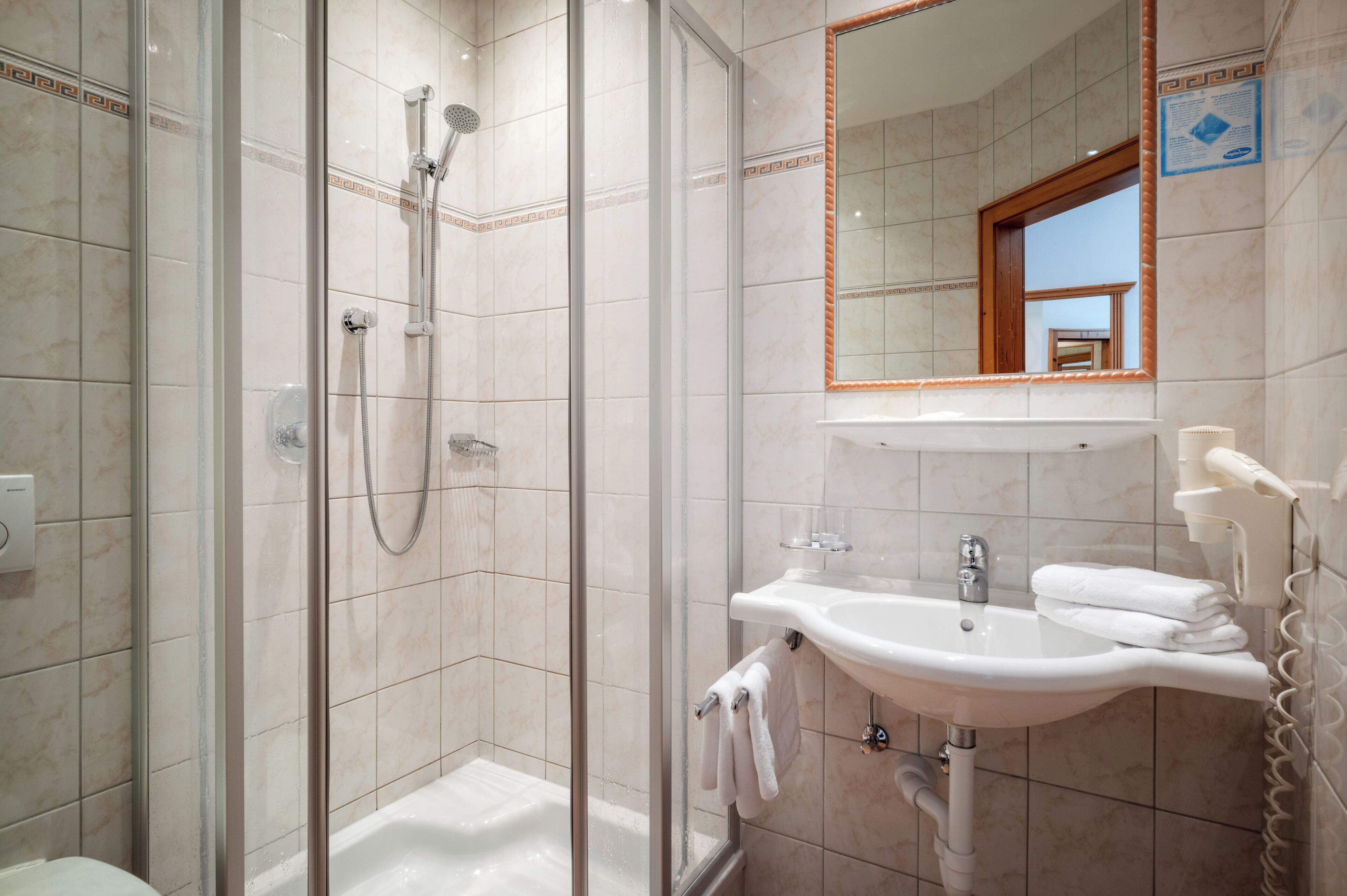 A bathroom with a glass-enclosed shower, a sink with a mirror above it, and a towel rack.