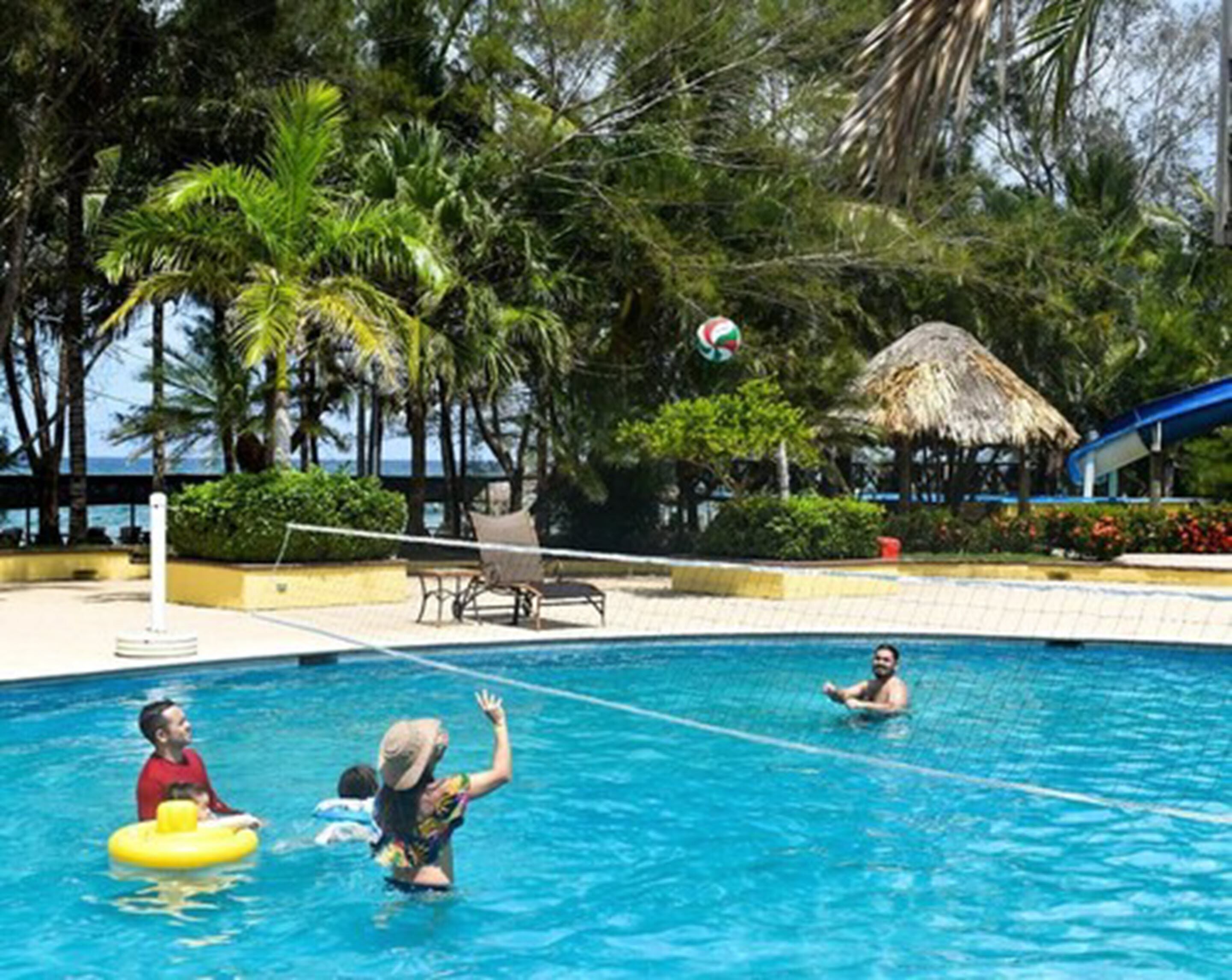 Una piscina con gente jugando voleibol, rodeada de palmeras y una estructura con techo de paja.