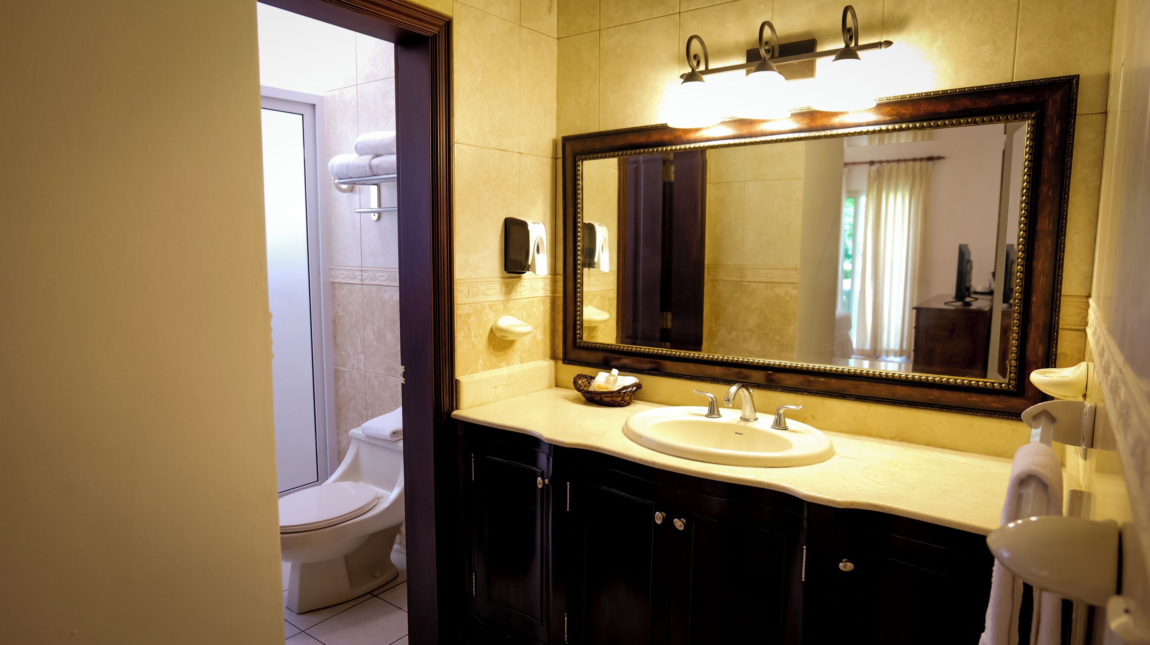 Un baño con un espejo grande, un lavabo y un inodoro.