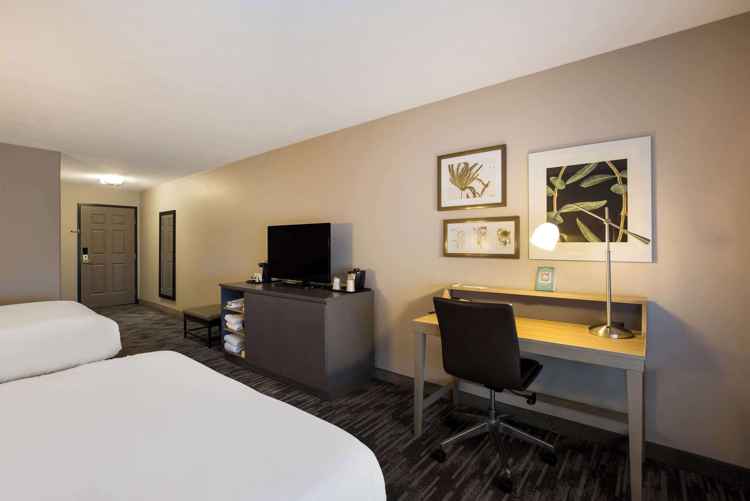 A hotel room with two beds, a desk, a chair, a television, and framed botanical artwork on the wall.