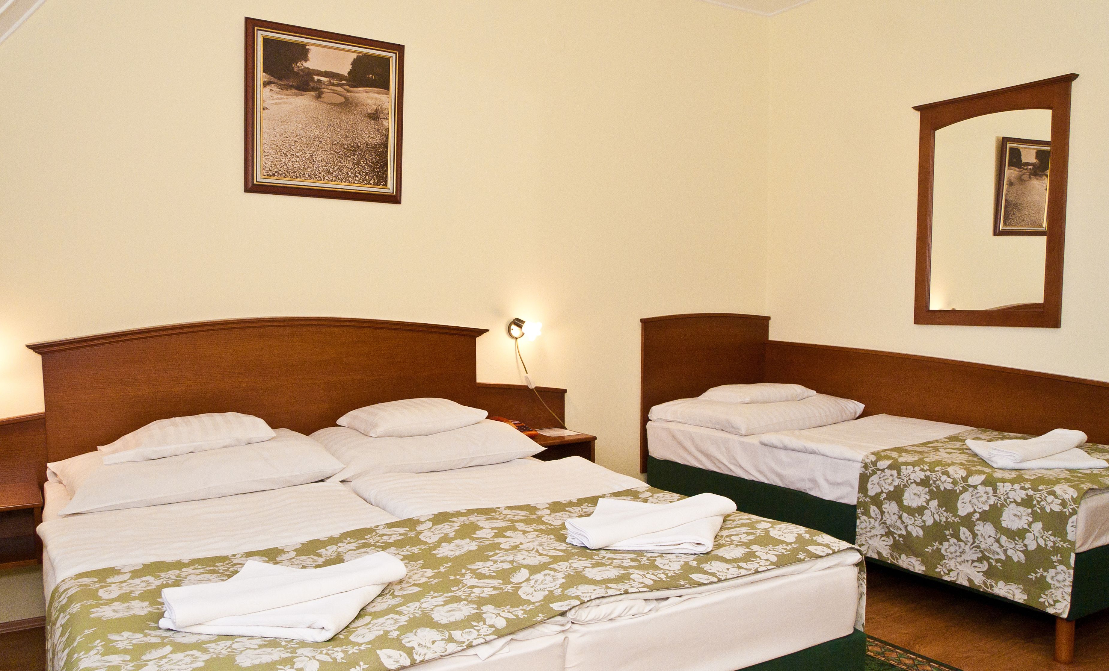 Una habitación de hotel con dos camas individuales, una mesita de noche con lámpara y un cuadro en la pared.