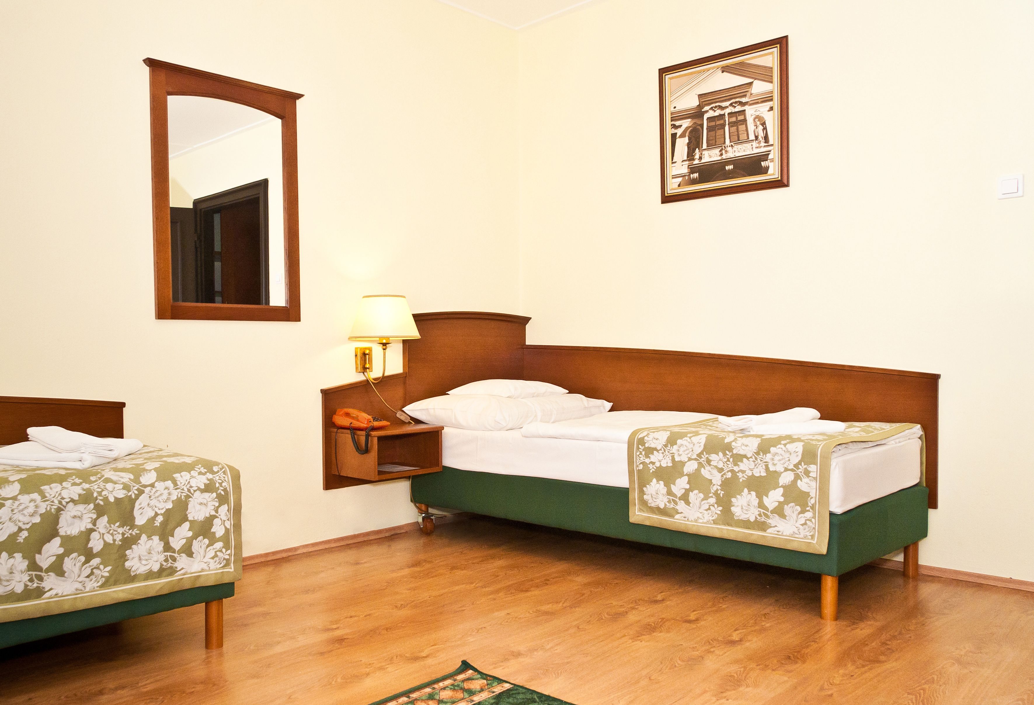 A hotel room with two single beds, a wooden headboard, a nightstand with a lamp, a mirror, and a framed picture on the wall.