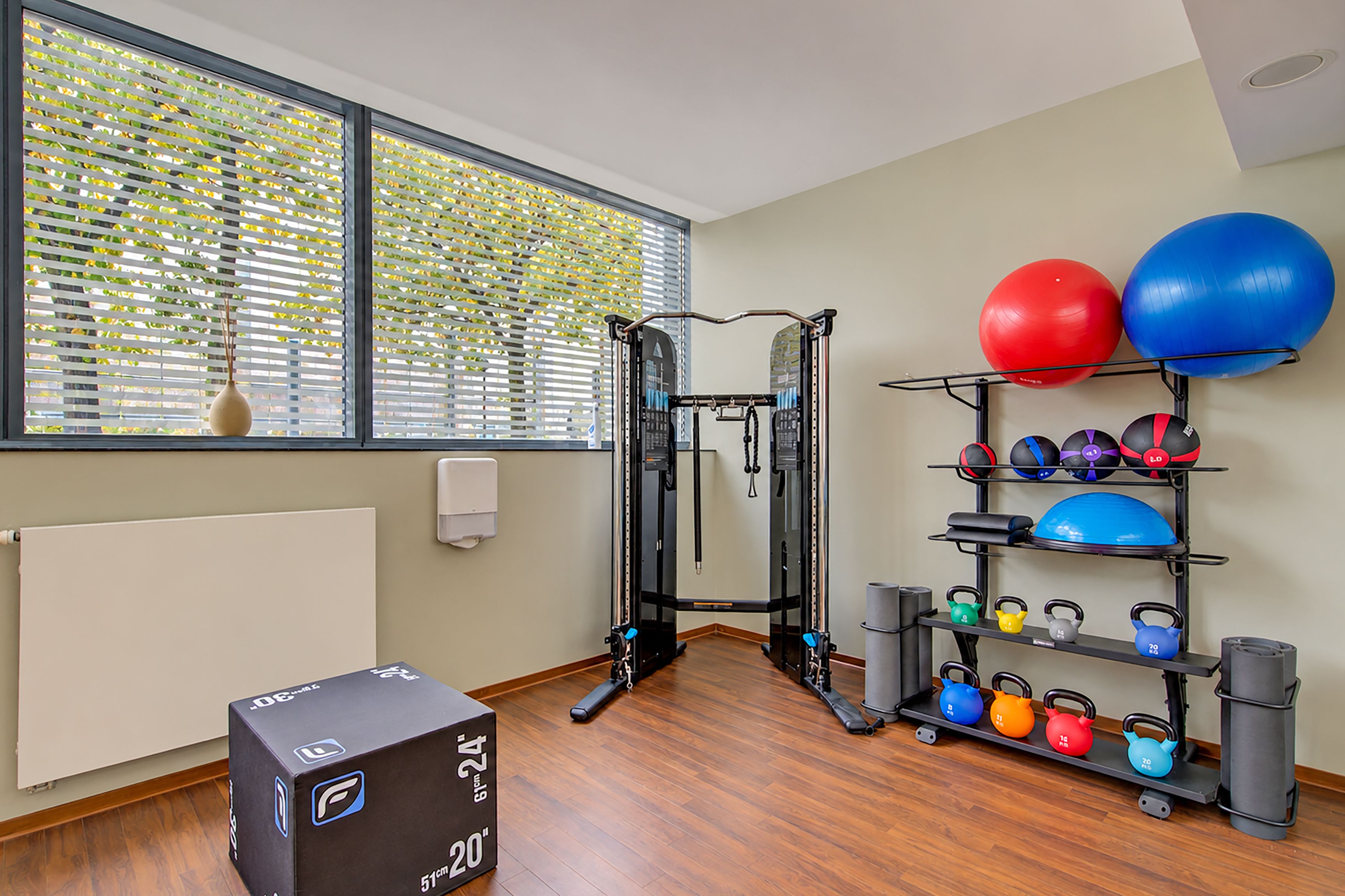 Ein Fitnessraum mit Klimmzugstange, Kettlebells und Übungsbällen.