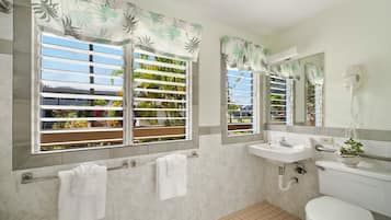 A bathroom with two windows, a sink, a toilet, and a mirror.