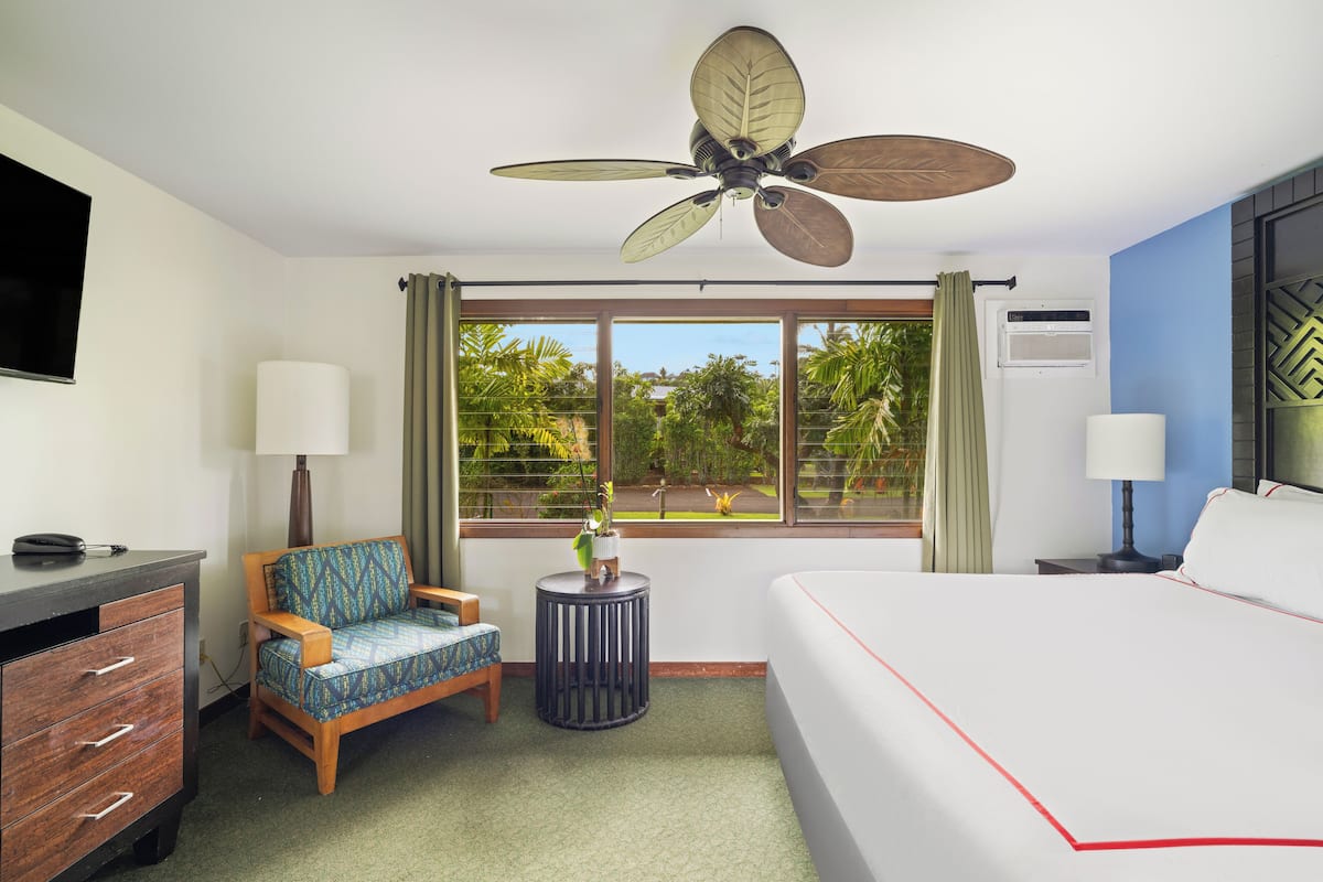 A hotel room with a bed, a desk, a chair, a ceiling fan, a window with a view of greenery, and an air conditioning unit.