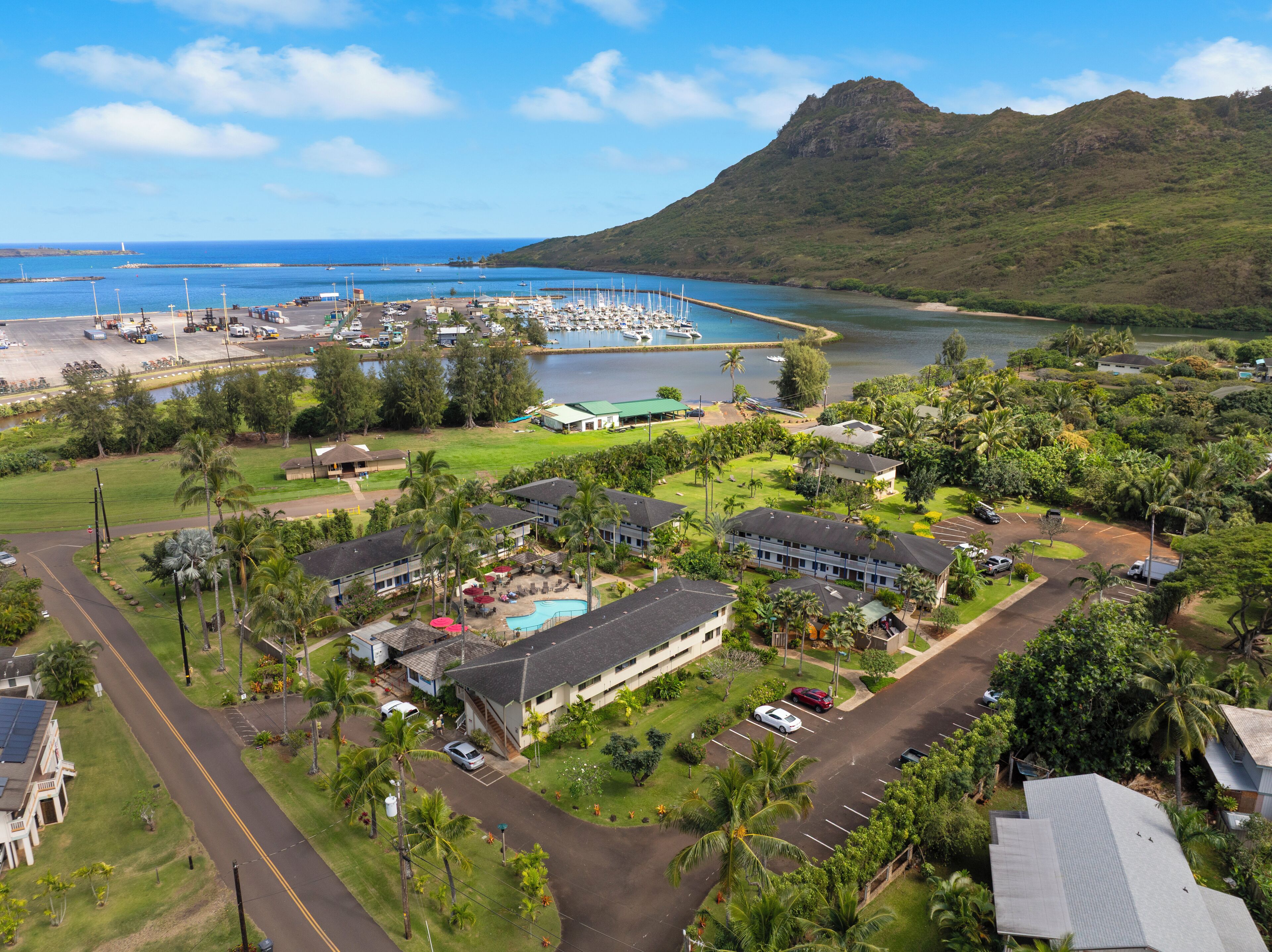 A coastal area with a marina, houses, and a mountain.