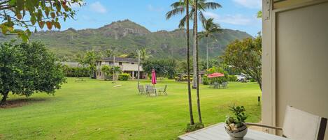 A view of a lush green lawn with a dining area and a mountain in the background.