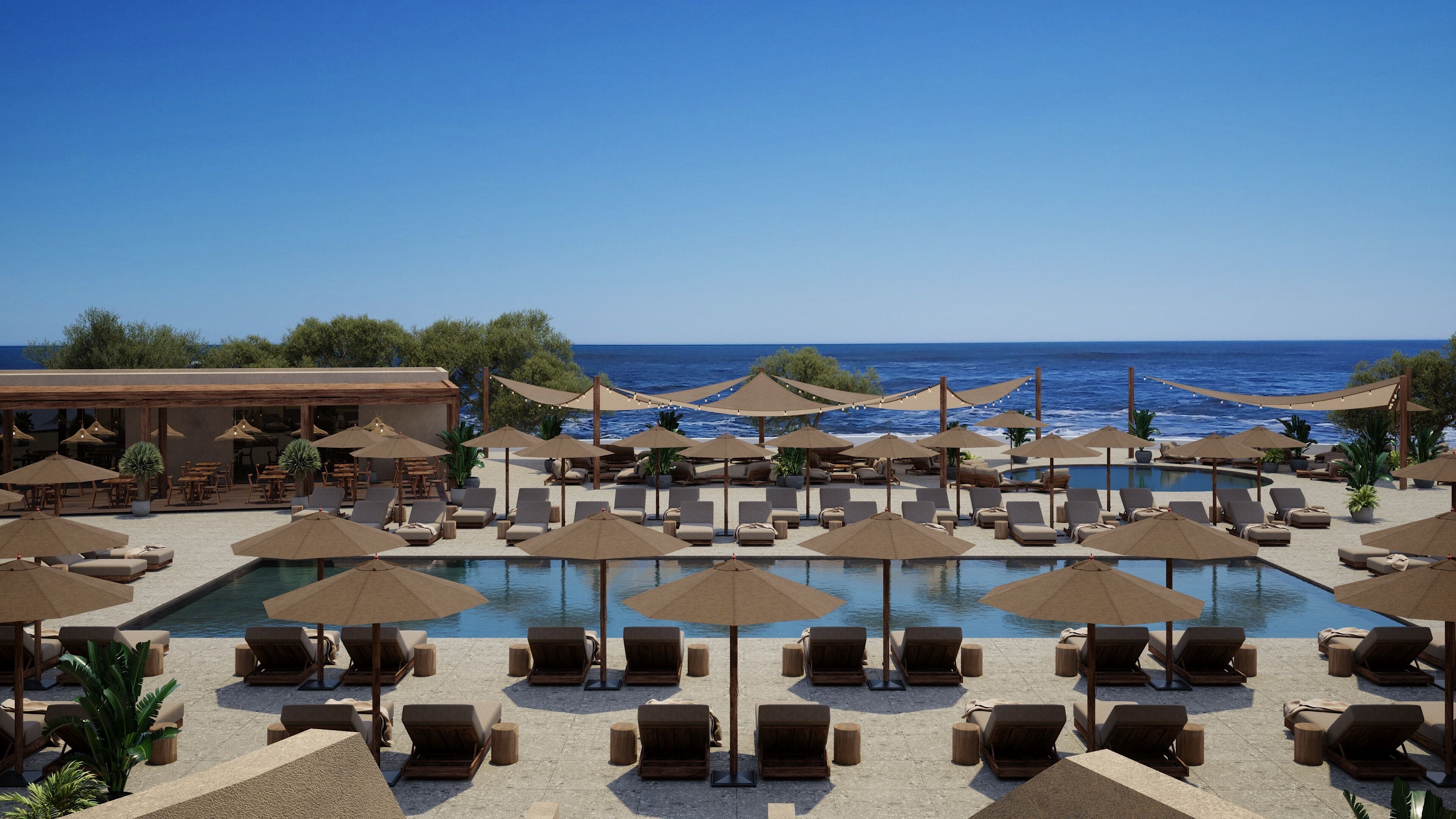 Seasonal outdoor pool, pool umbrellas, pool loungers