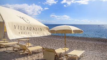 A beach with two beige umbrellas labeled "VILLAOASIS RESIDENCE" and wooden lounge chairs.