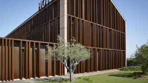 A modern hotel with a prominent 'HOTEL' sign, featuring a unique architectural design with vertical wooden panels and a central courtyard with a tree.