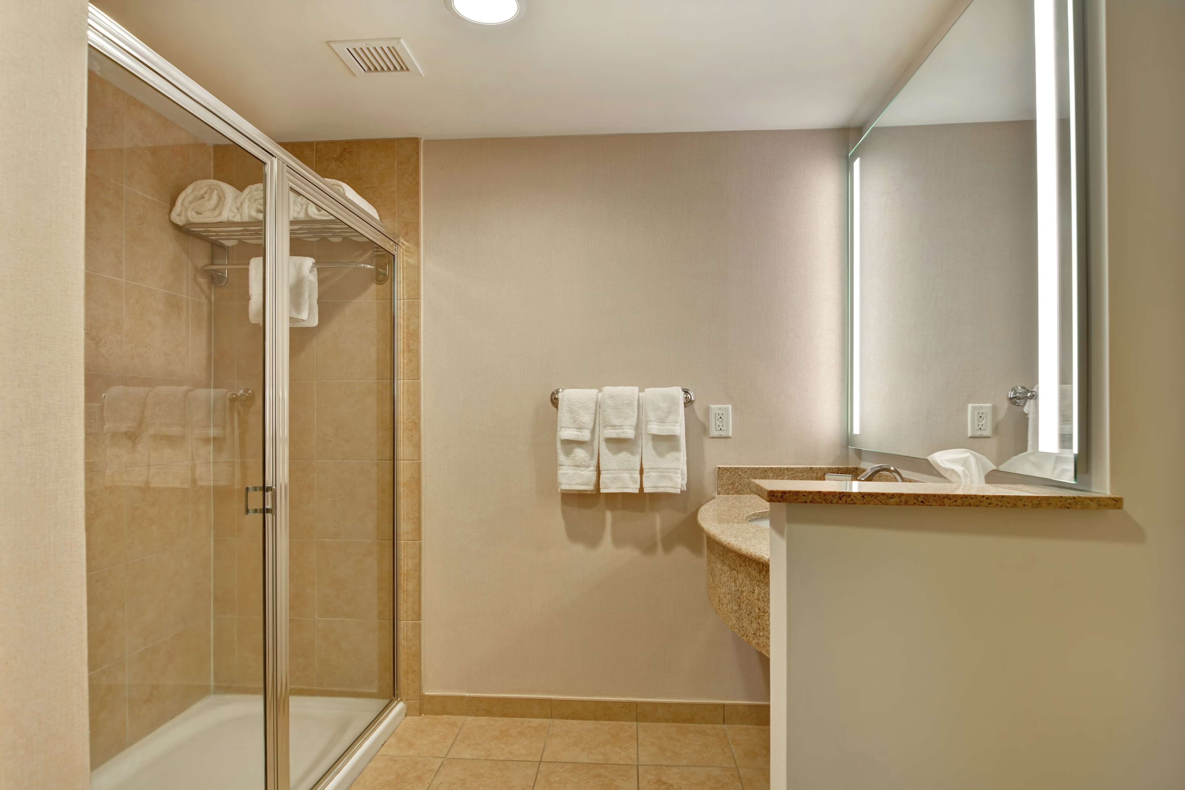 A modern bathroom with a glass shower enclosure, a sink with a mirror, and a towel rack.