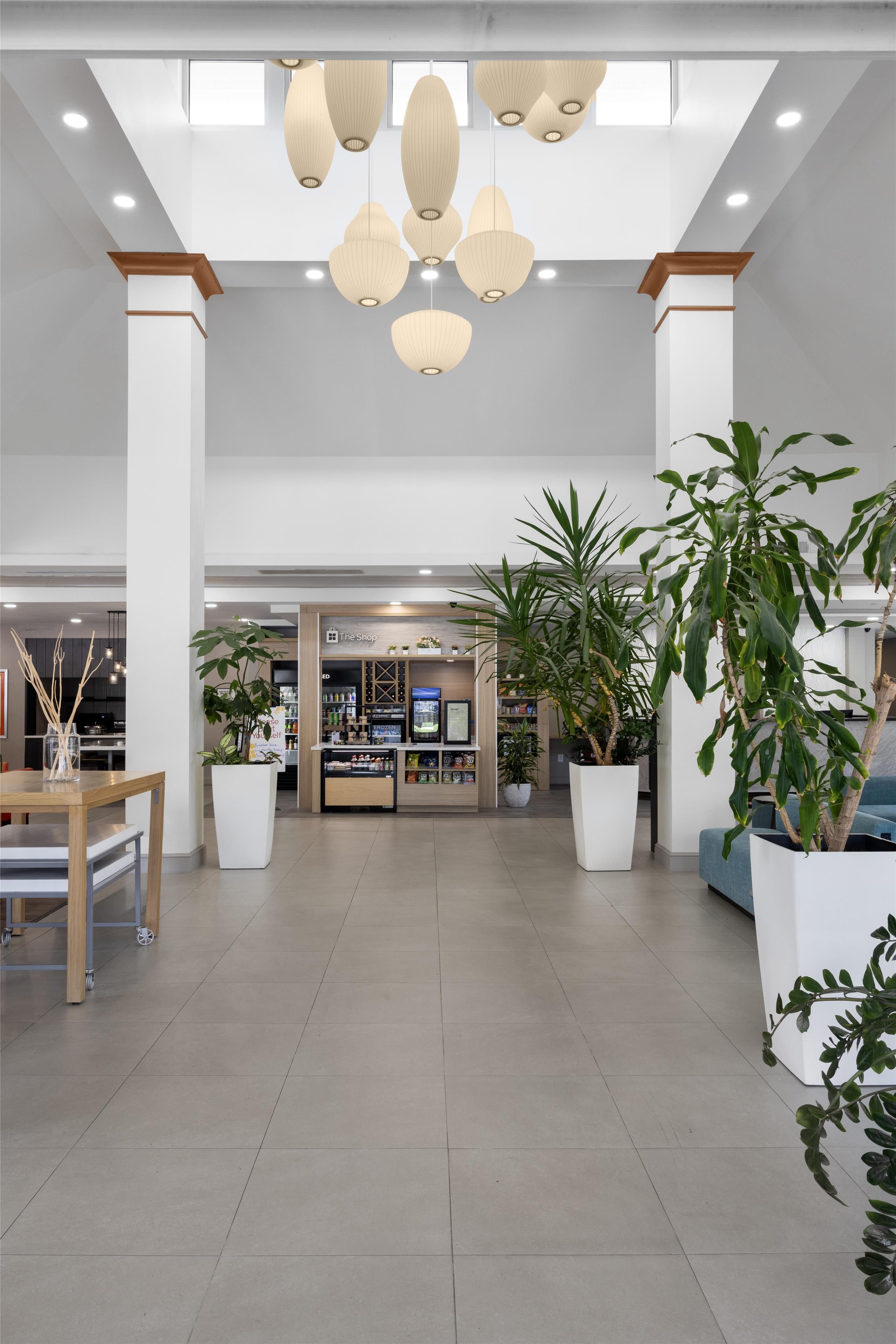 En rymlig entréhall med ett centralt placerat kiosk, stora krukväxter och modern hängande belysning.