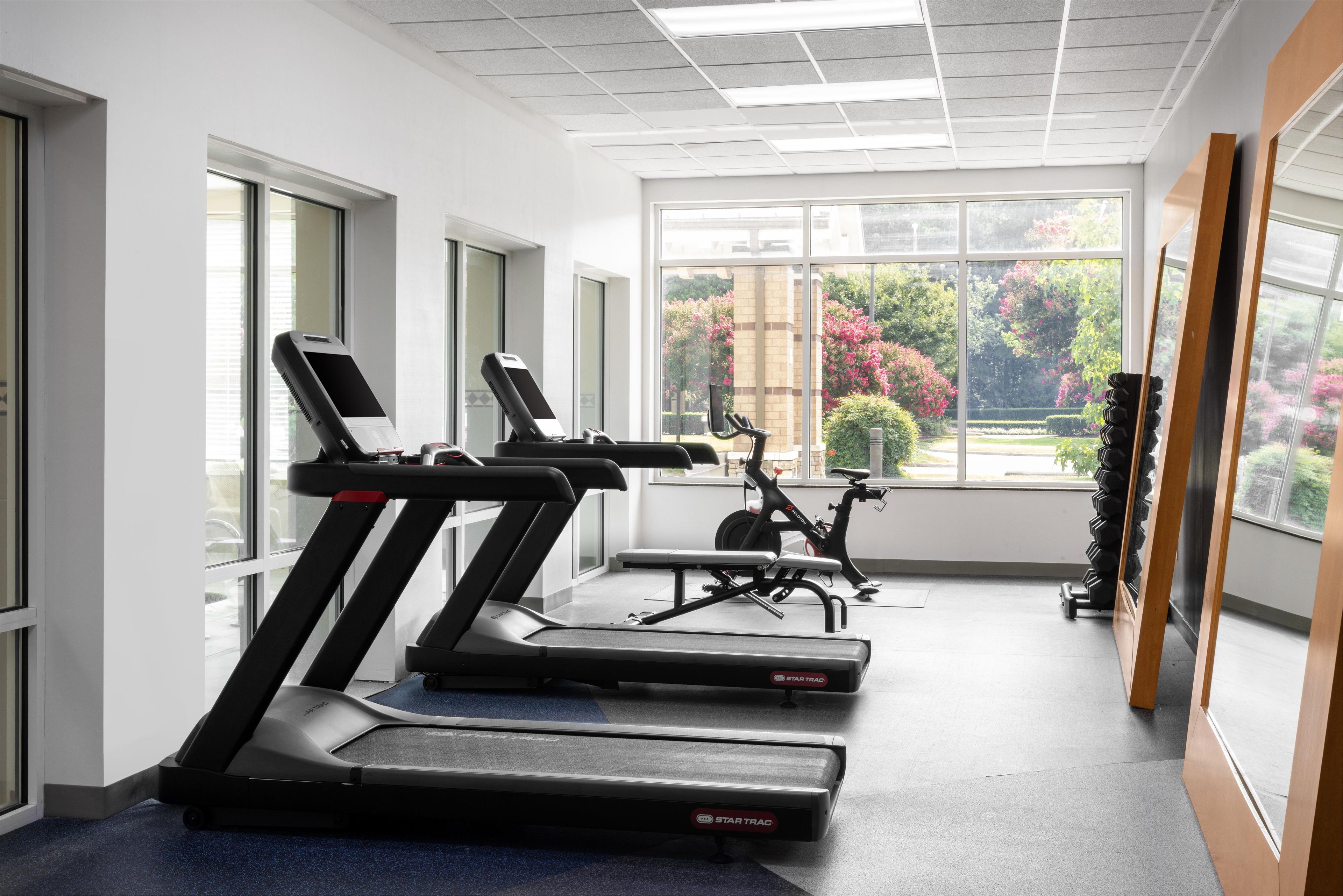 Un gimnasio con cintas de correr, una bicicleta estática y mancuernas.
