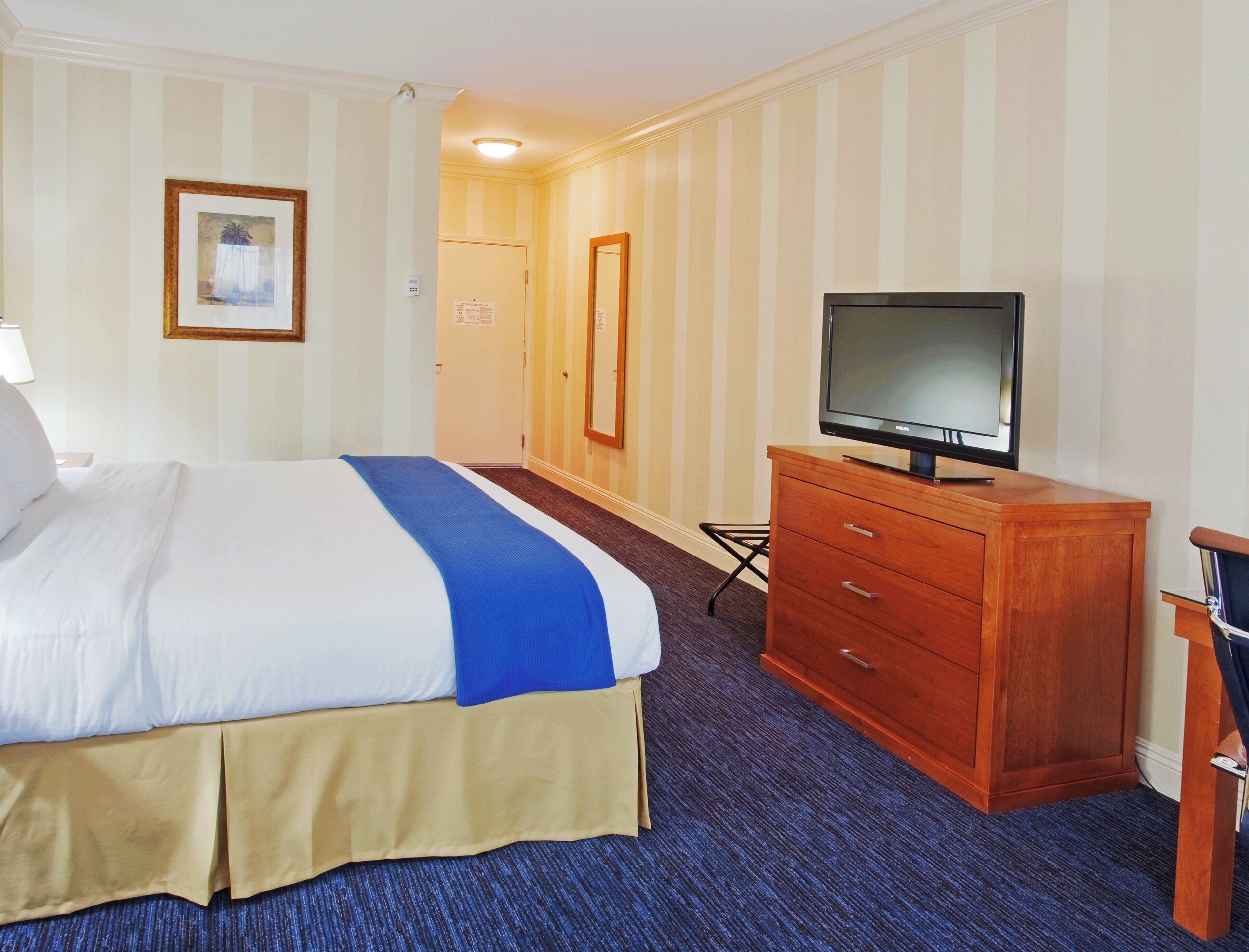 A hotel room with a bed, a television on a wooden dresser, a blue carpet, and striped wallpaper.